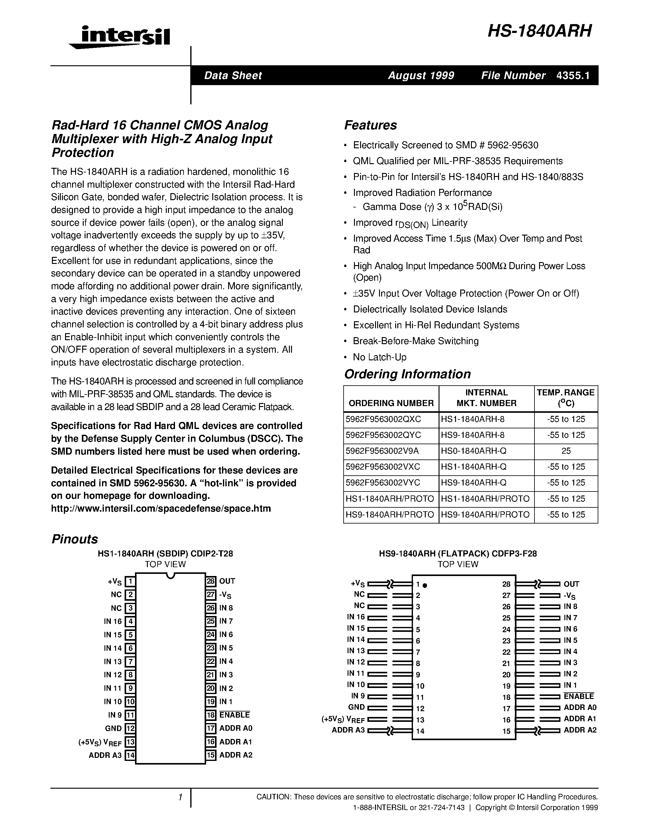 Datasheet 5962F9563002QXC page 1 Datasheet 5962F9563002QXC - Rad-Hard 16 Channel CMOS Analog Multiplexer with High-Z Analog Input Protection page 1
