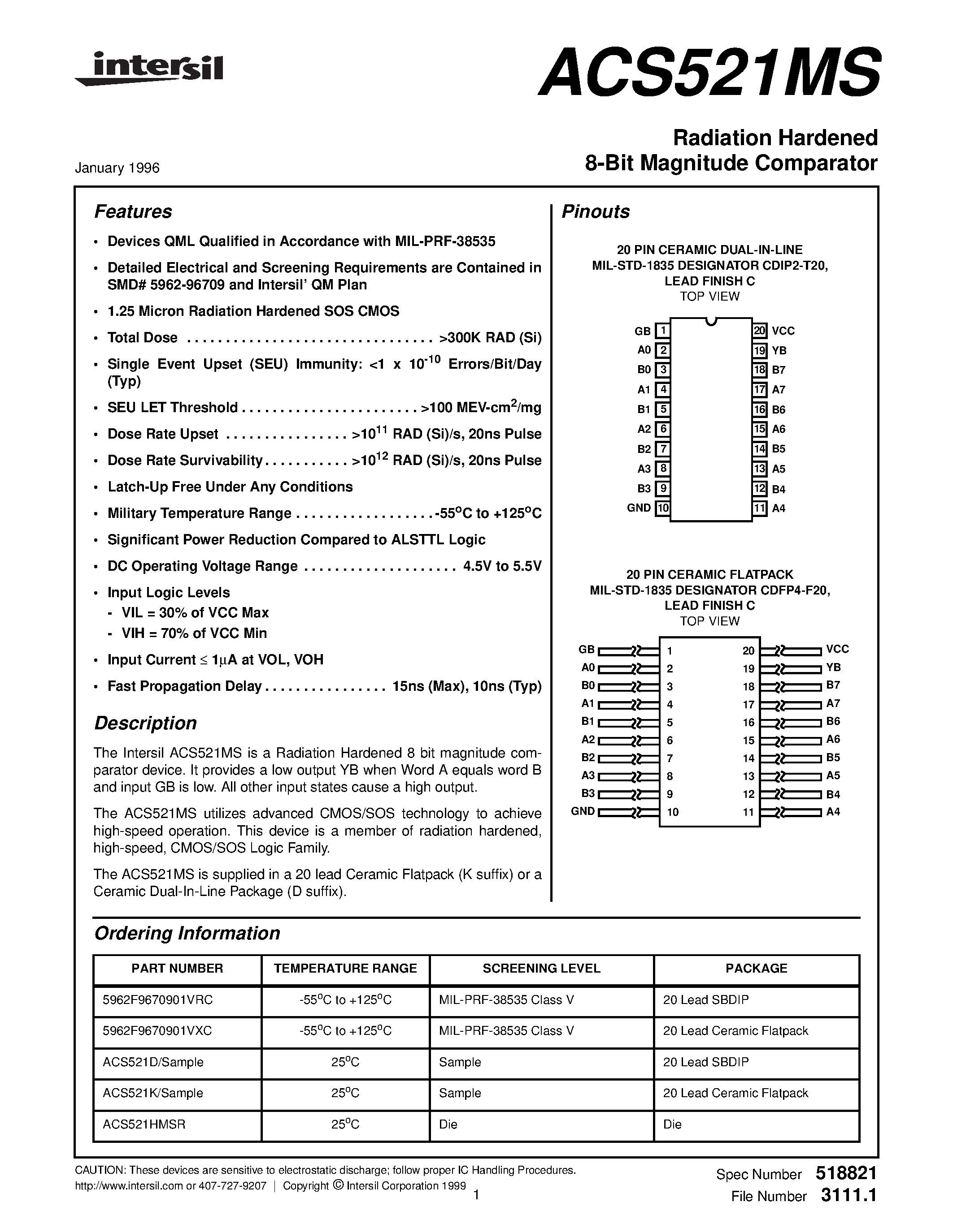 Даташит на микросхему 5962F9670901VRC страница 1 Даташит 5962F9670901VRC - Radiation Hardened 8-Bit Magnitude Comparator страница 1