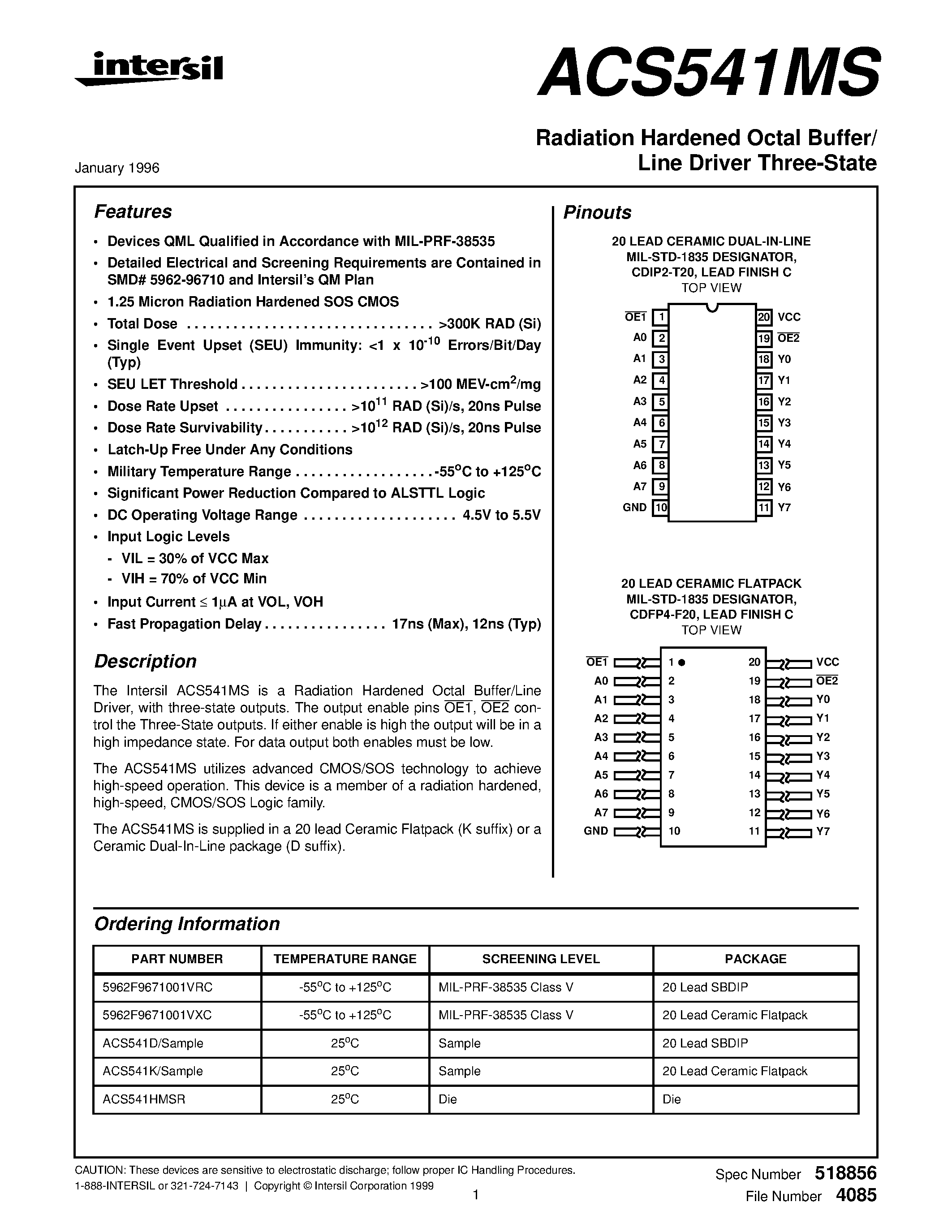 Datasheet 5962F9671001VXC page 1 Datasheet 5962F9671001VXC - Radiation Hardened Octal Buffer/ Line Driver Three-State page 1