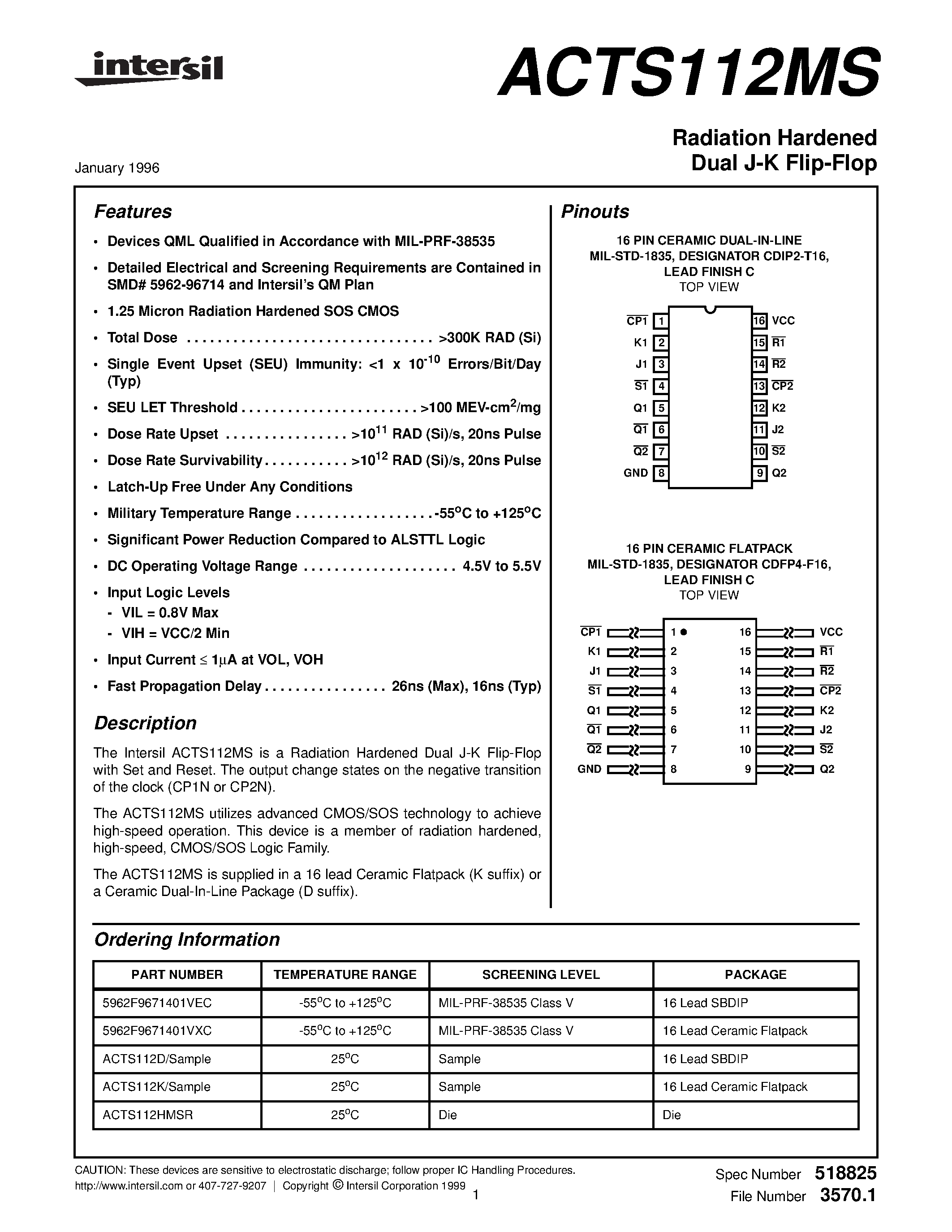 Datasheet 5962F9671401VEC page 1 Datasheet 5962F9671401VEC - Radiation Hardened Dual J-K Flip-Flop page 1