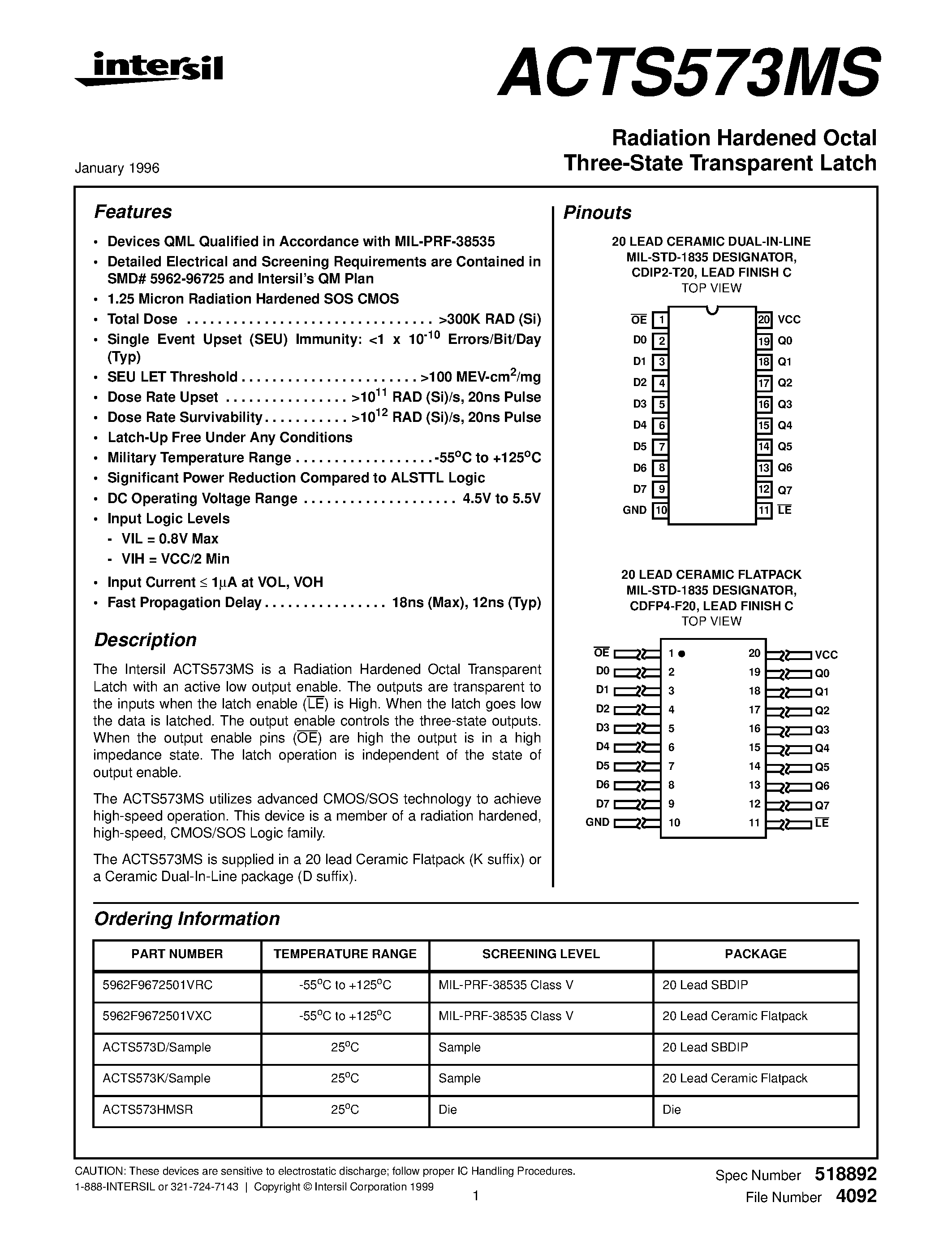 Datasheet 5962F9672501VXC page 1 Datasheet 5962F9672501VXC - Radiation Hardened Octal Three-State Transparent Latch page 1