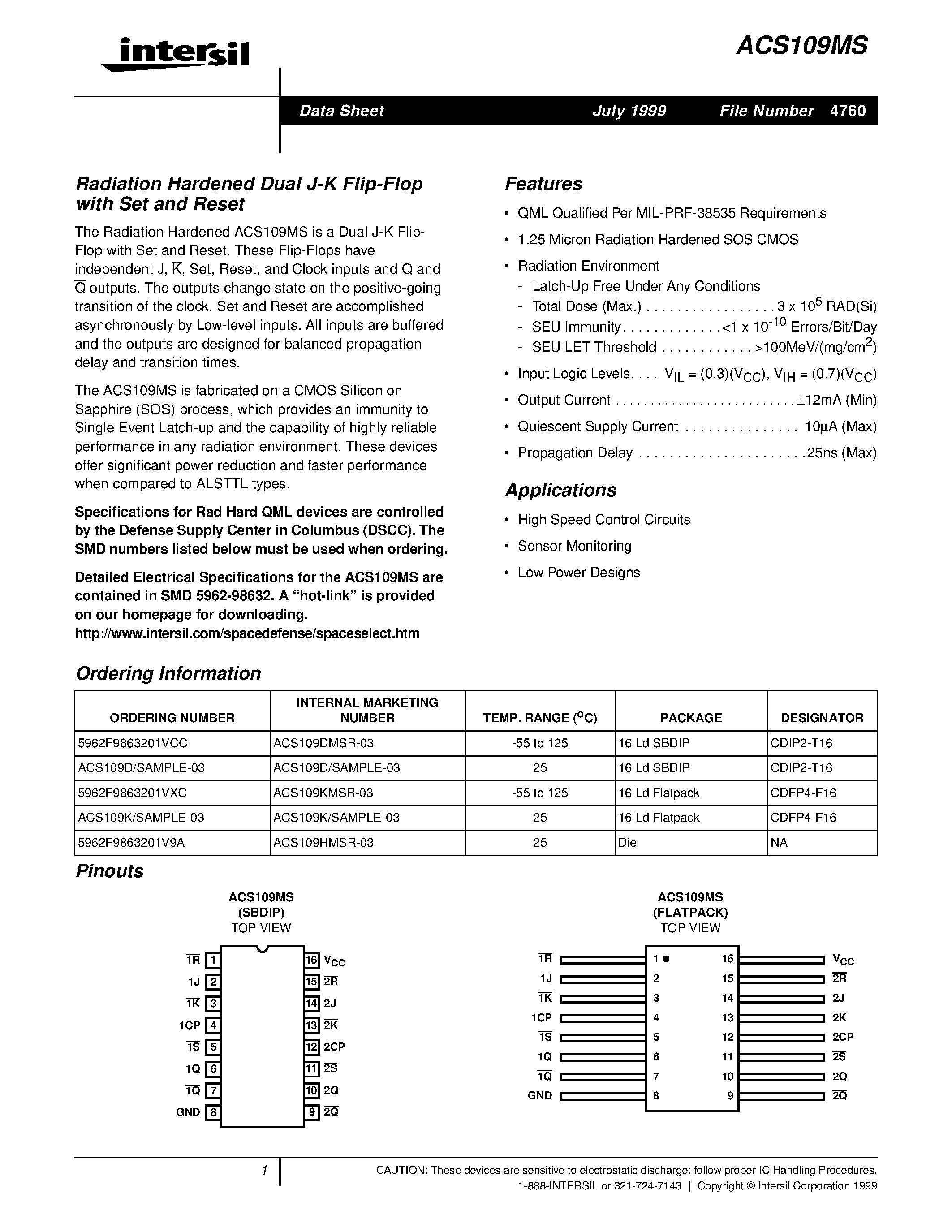 Datasheet 5962F9863201V9A page 1 Datasheet 5962F9863201V9A - Radiation Hardened Dual J-K Flip-Flop with Set and Reset page 1
