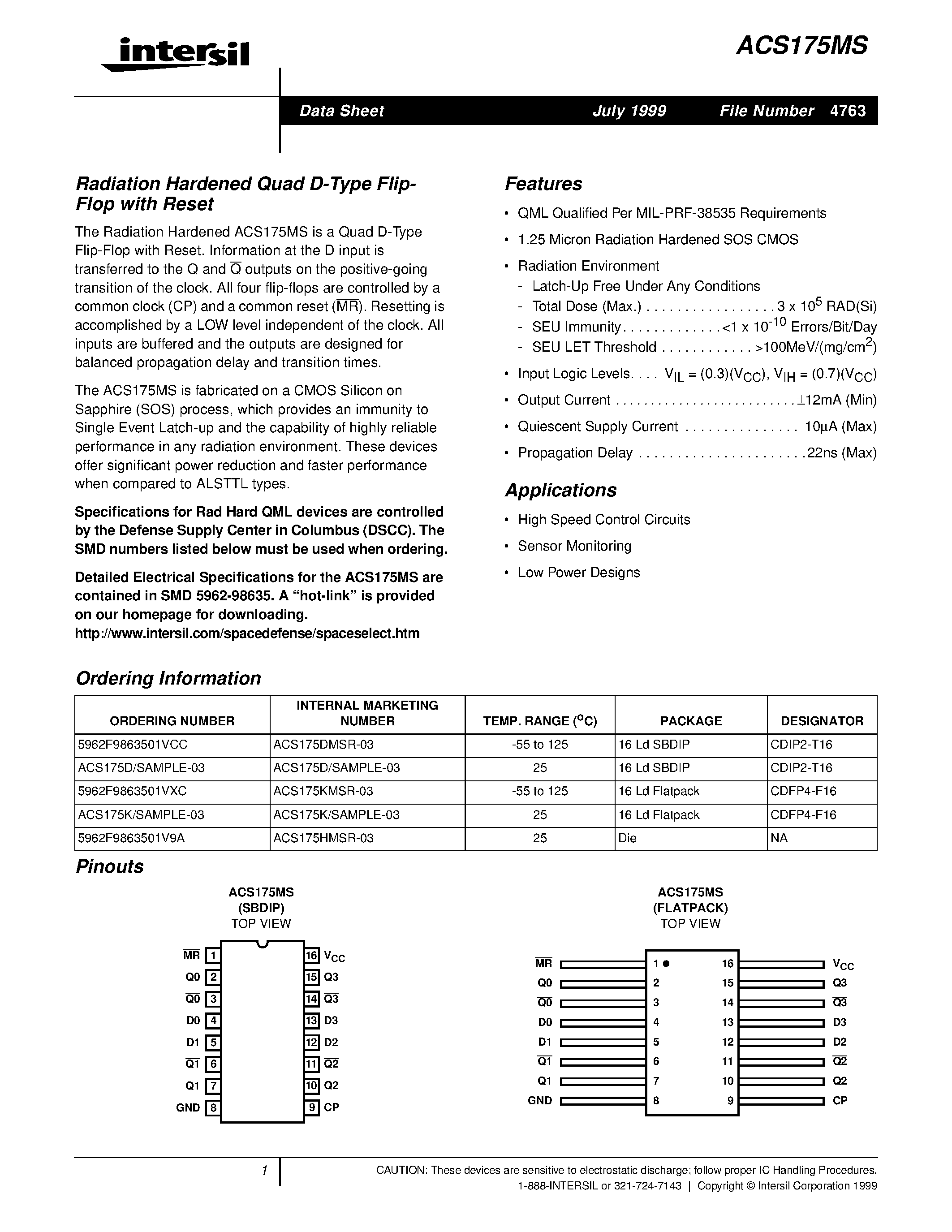 Datasheet 5962F9863501VXC - Radiation Hardened Quad D-Type Flip- Flop with Reset page 1