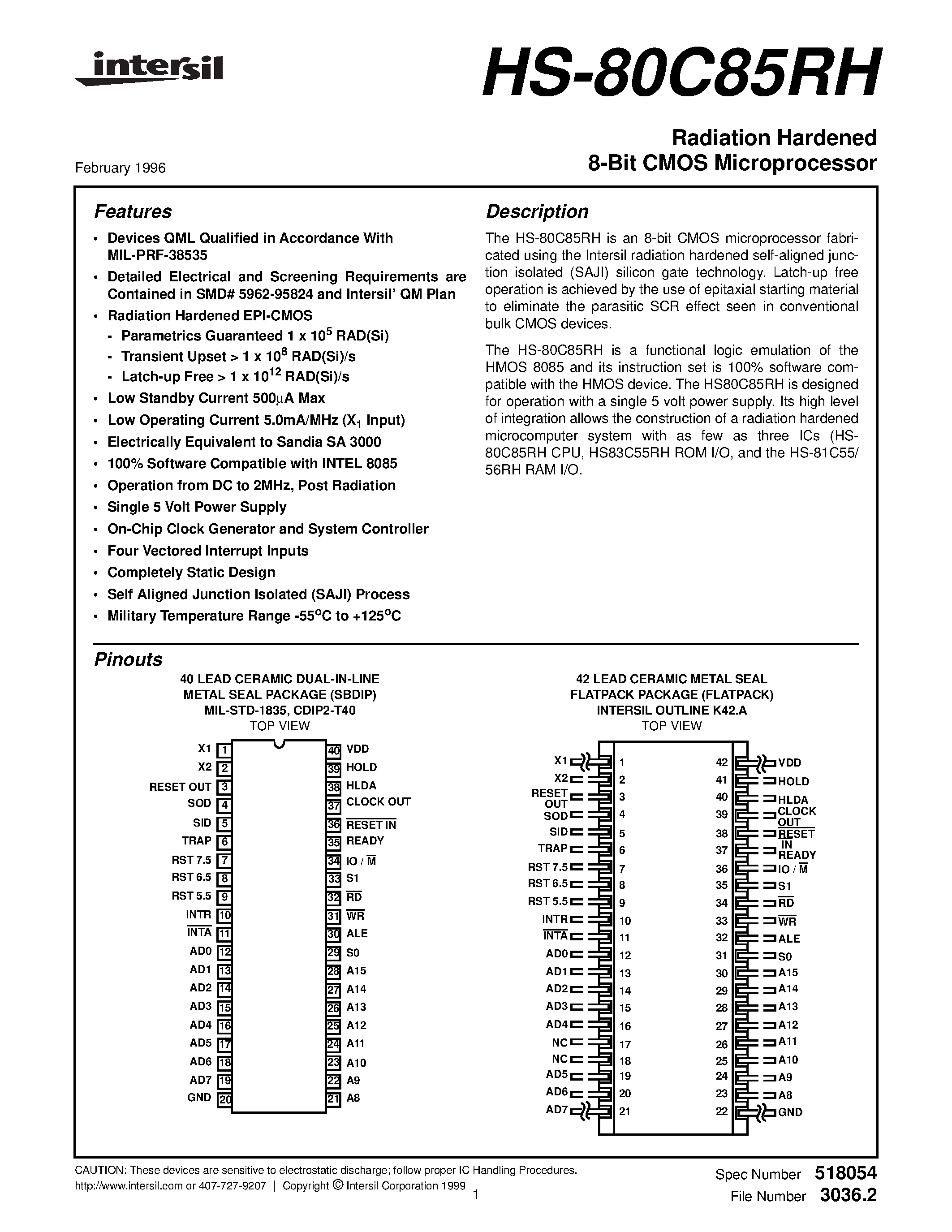 Даташит на микросхему 5962R9582401VXC страница 1 Даташит 5962R9582401VXC - Radiation Hardened 8-Bit CMOS Microprocessor страница 1