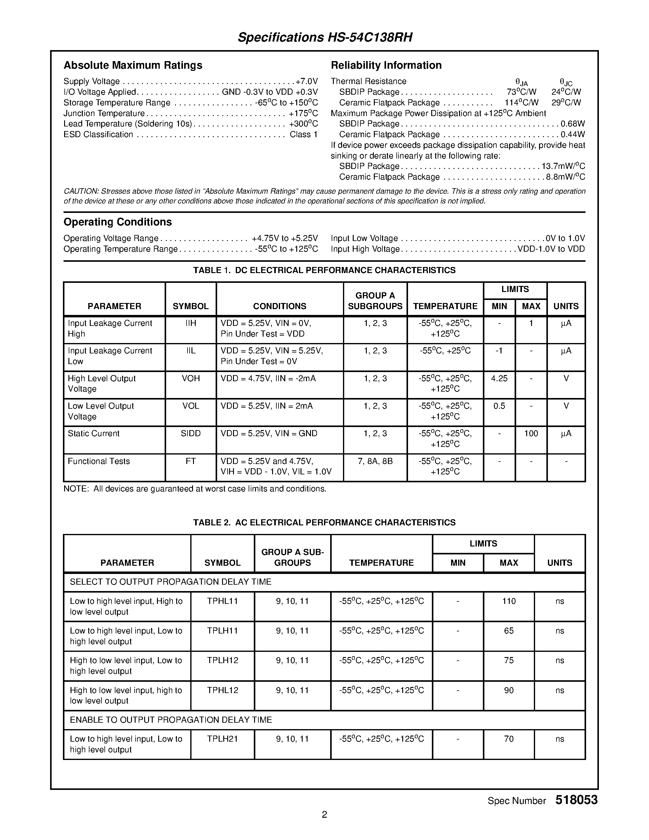 Datasheet 5962R9582501QEC page 2 Datasheet 5962R9582501QEC - Radiation Hardened 3-Line to 8-Line Decoder/Demultiplexer page 2