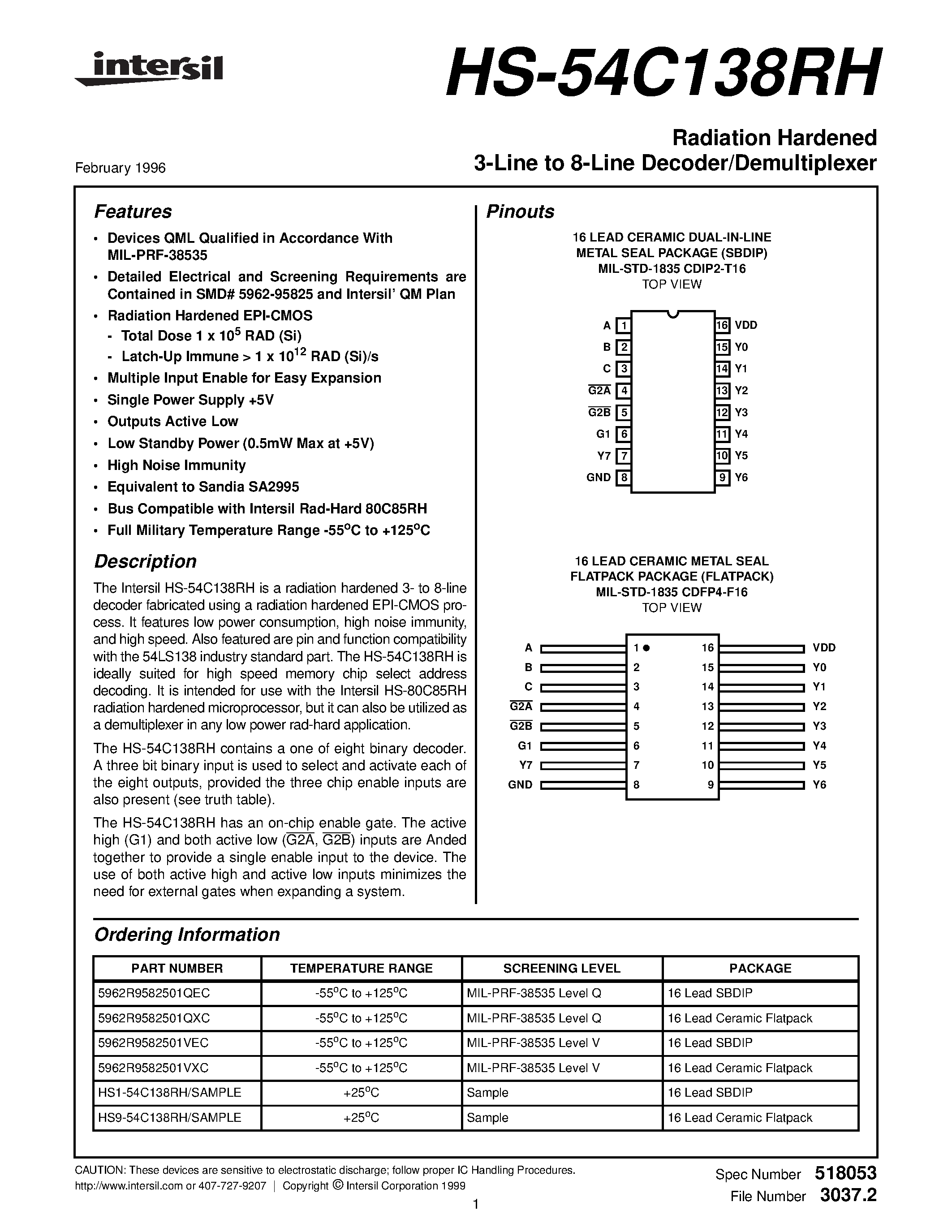 Datasheet 5962R9582501VEC page 1 Datasheet 5962R9582501VEC - Radiation Hardened 3-Line to 8-Line Decoder/Demultiplexer page 1
