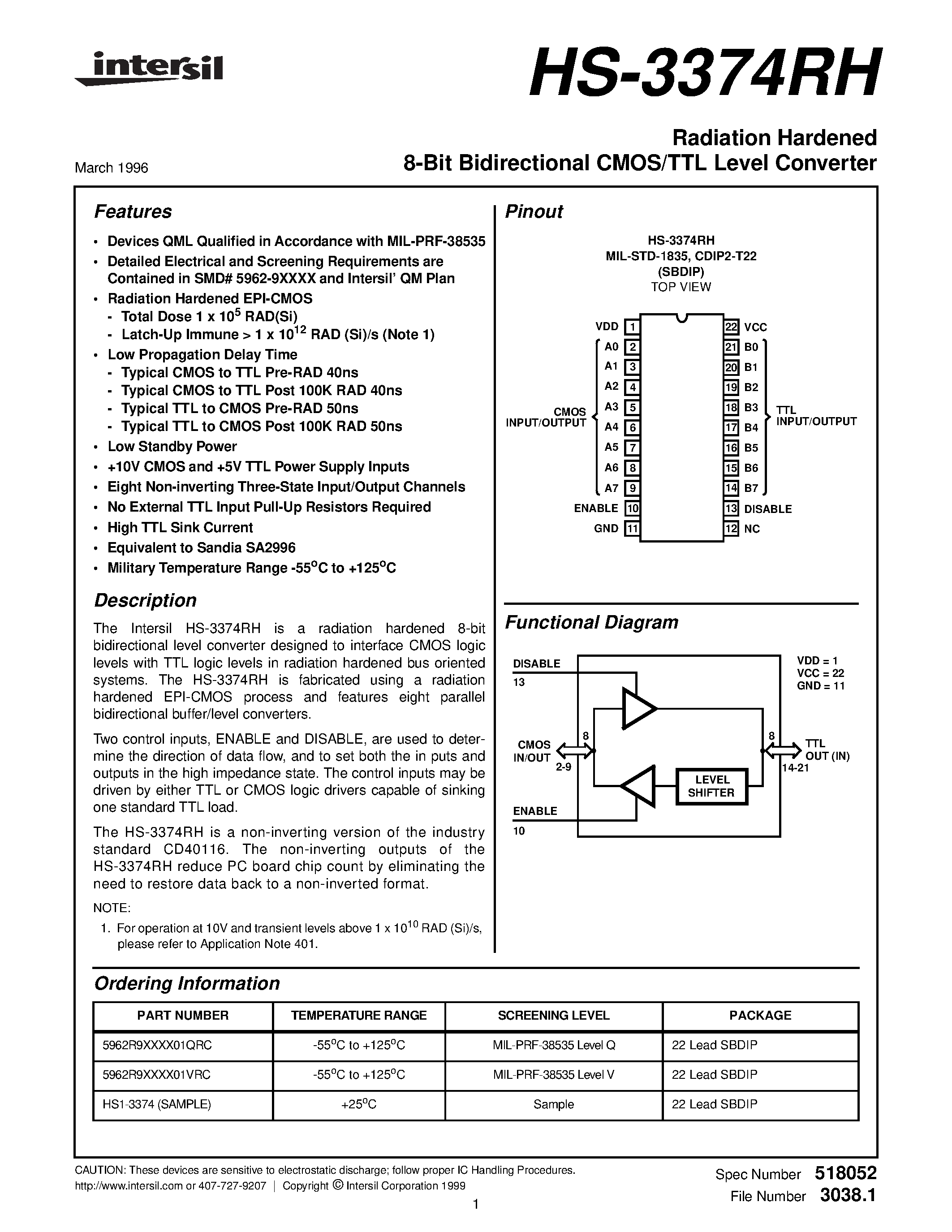 Datasheet 5962R9XXXX01VRC page 1 Datasheet 5962R9XXXX01VRC - Radiation Hardened 8-Bit Bidirectional CMOS/TTL Level Converter page 1
