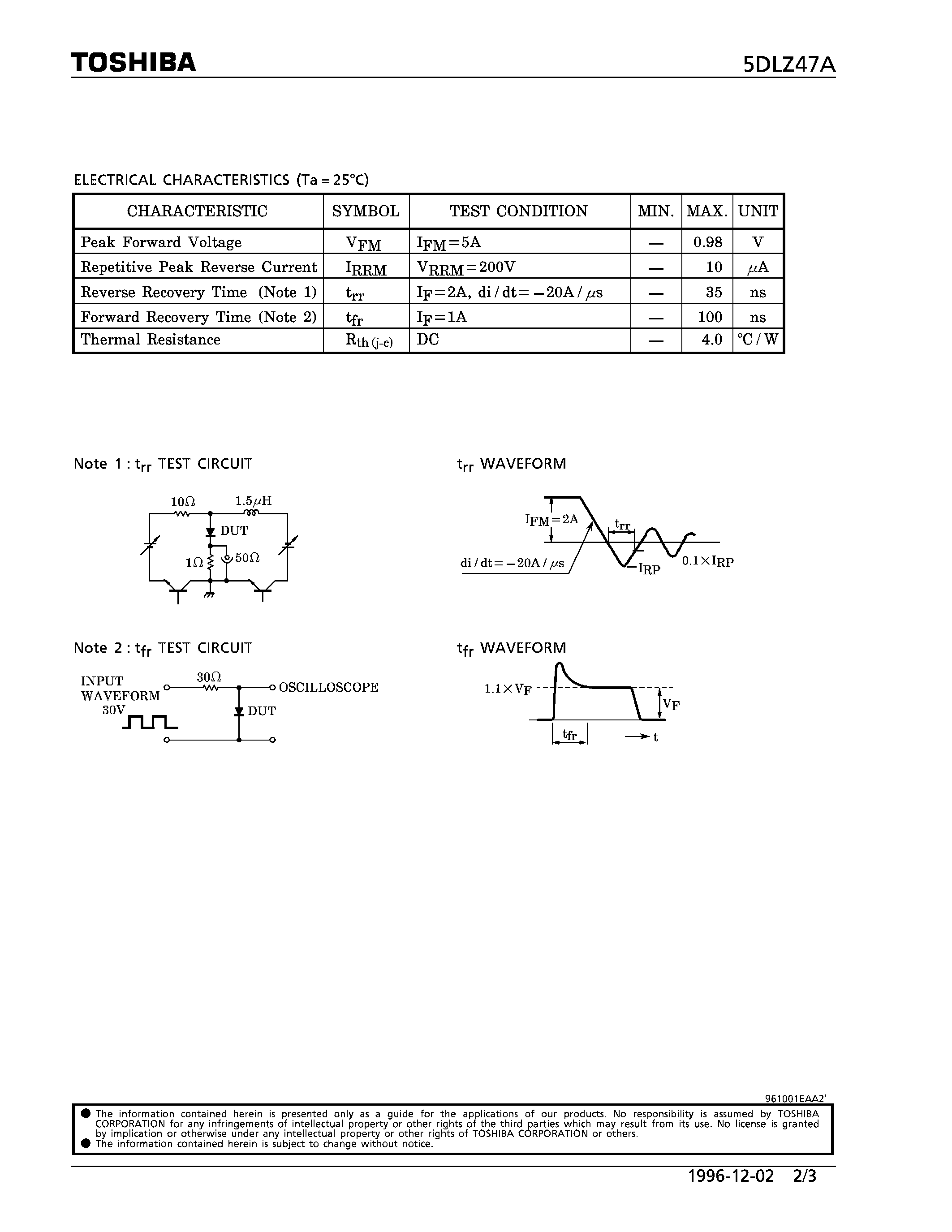 Datasheet 5DLZ47A page 2 Datasheet 5DLZ47A - HIGH EFFICIENCY RECTIFIER (SWITCHING TYPE POWER SUPPLY/ CONVERTER & CHOPPER APPLICATIONS) page 2
