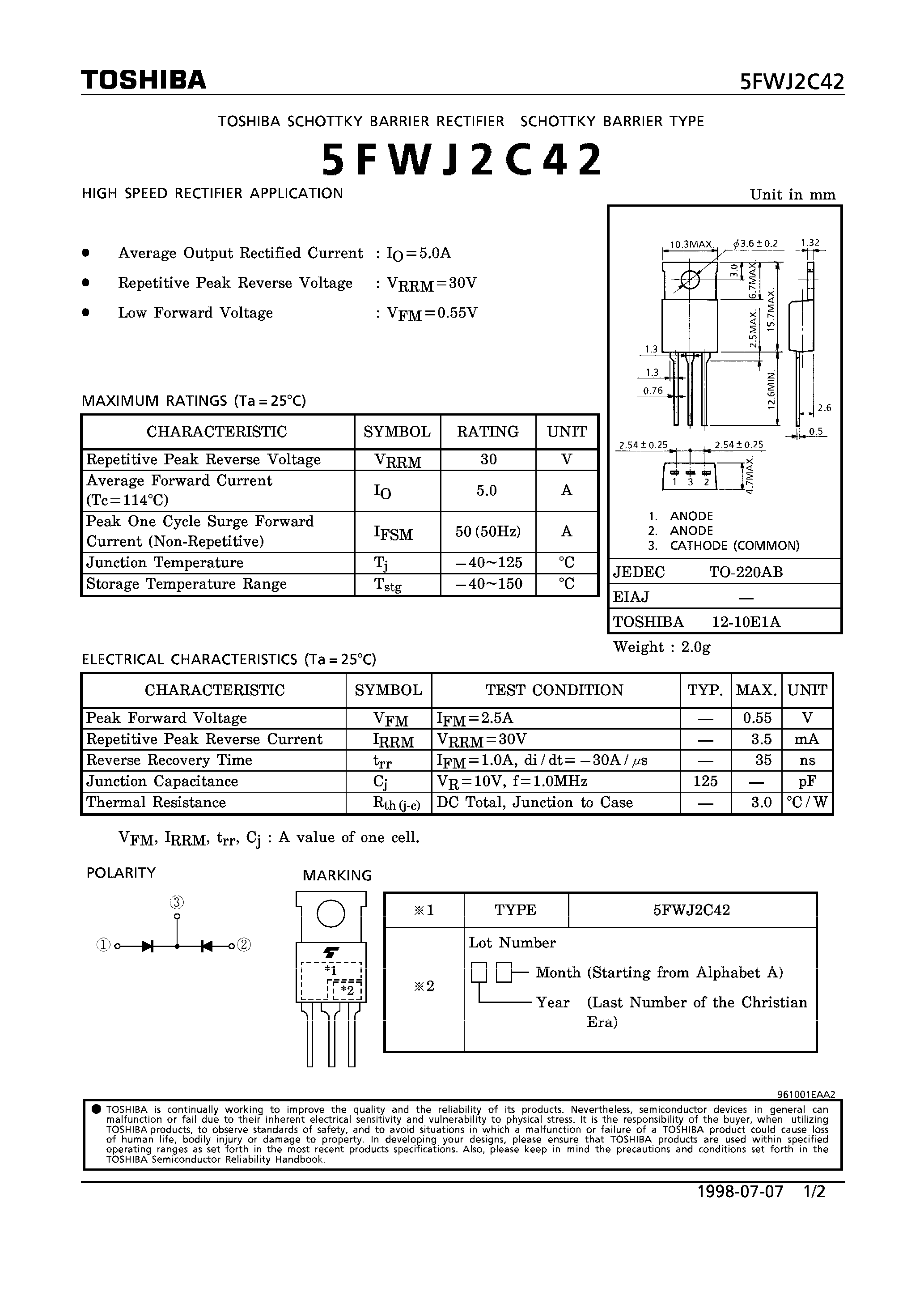 Datasheet 5FWJ2C42 - SCHOTTKY BARRIER TYPE (HIGH SPEED RECTIFIER APPLICATIONS) page 1