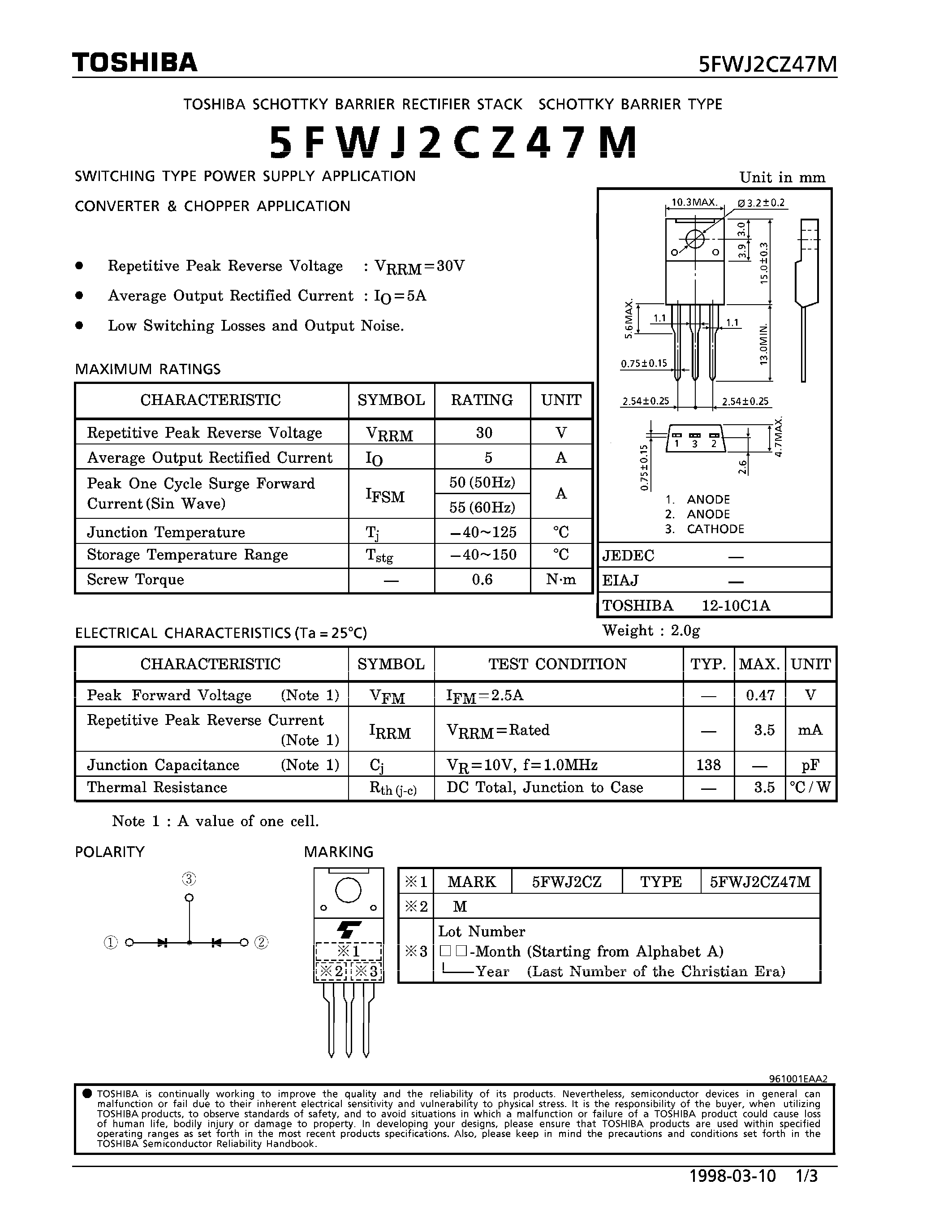 Даташит на микросхему 5FWJ2CZ47M страница 1 Даташит 5FWJ2CZ47M - SCHOTTK BARRIER TYPE (SWITCHING TYPE POWER SUPPLY/ CONVERTER & CHOPPER APPLICATIONS) страница 1