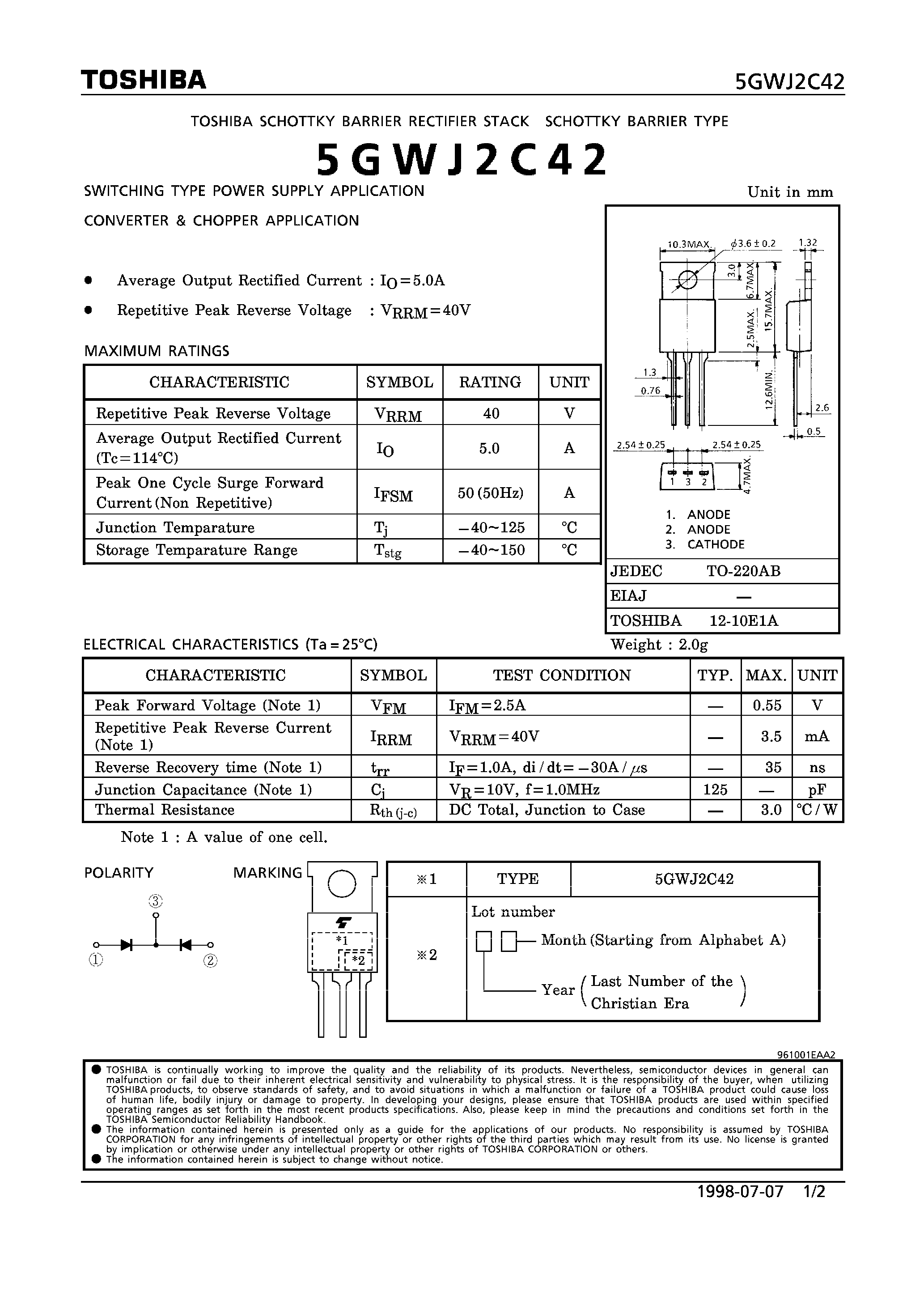 Даташит на микросхему 5GWJ2C42 страница 1 Даташит 5GWJ2C42 - SCHOTTKY BARRIER TYPE (SWITCHING TYPE POWER SUPPLY/ CONVERTER & CHOPPER APPLICATIONS) страница 1