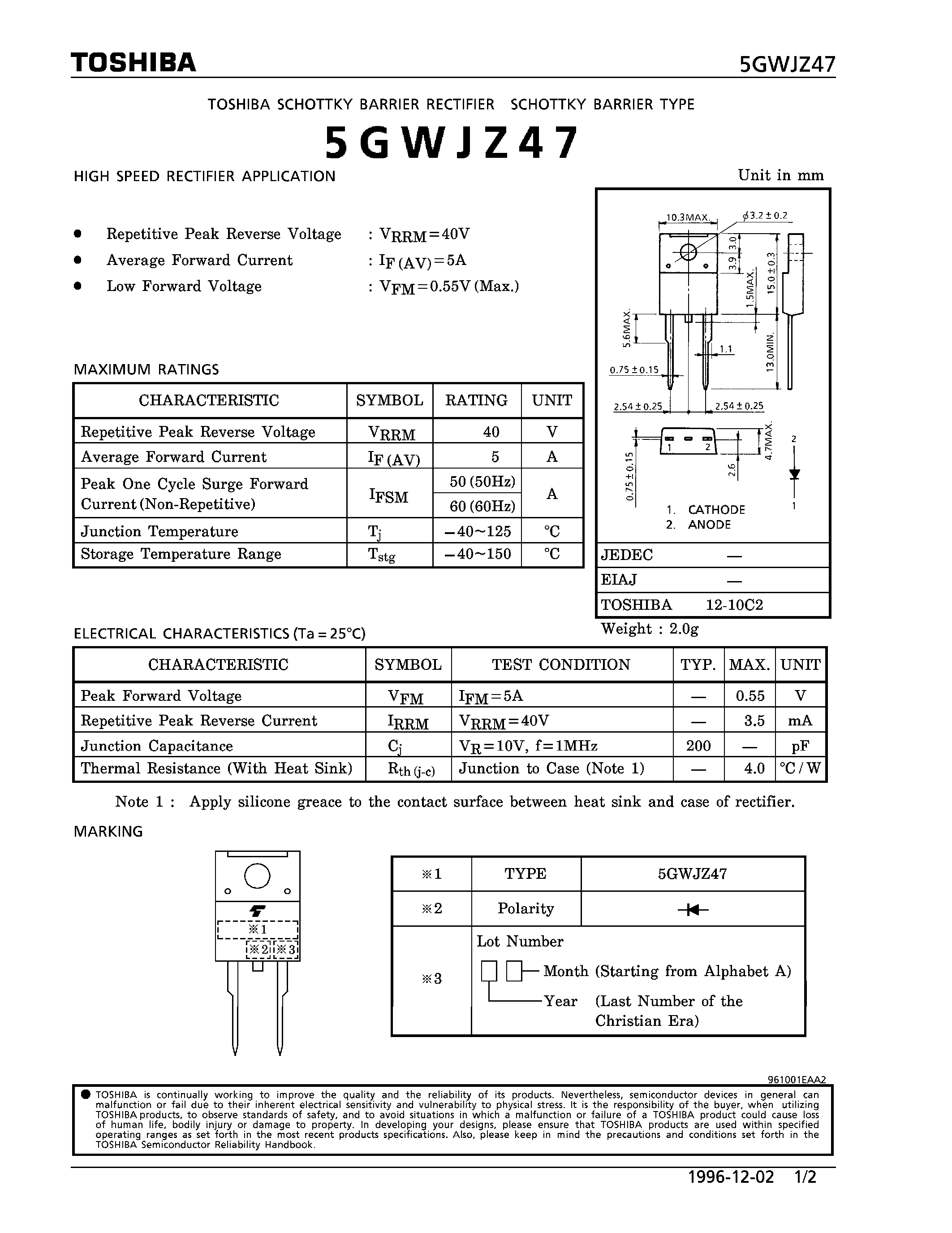 Datasheet 5GWJZ47 - SCHOTTKY BARRIER TYPE (HIGH SPEED RECTIFIER APPLICATION) page 1