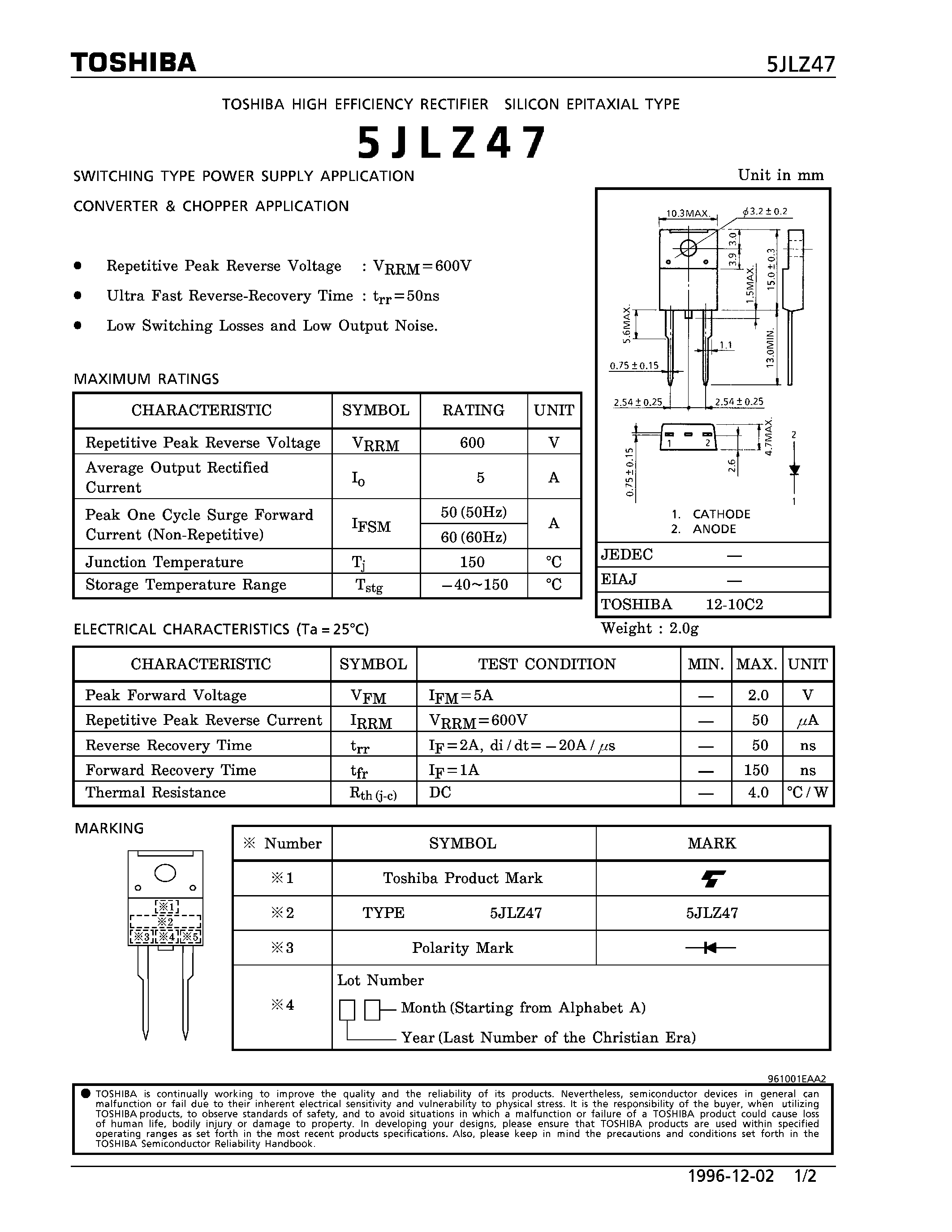 Даташит на микросхему 5JLZ47 страница 1 Даташит 5JLZ47 - SILICON EPITAXIAL (SWITCHING TYPE POWER SUPPLY/ CONVERTER & CHOPPER APPLICATIONS) страница 1