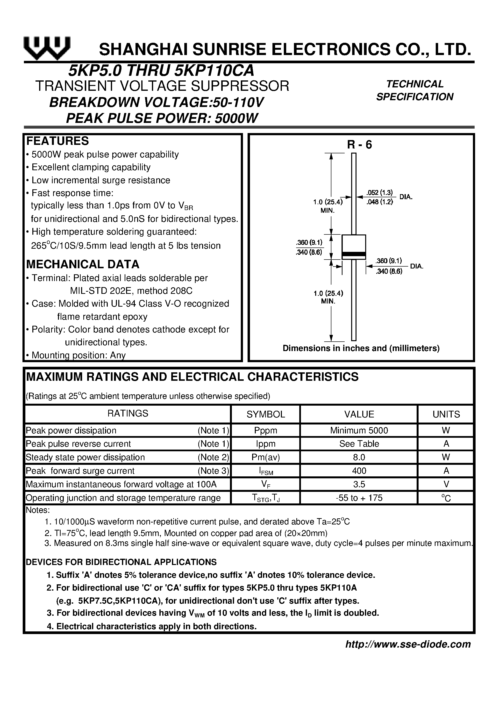 Datasheet 5KP5.0 - TRANSIENT VOLTAGE SUPPRESSOR page 1