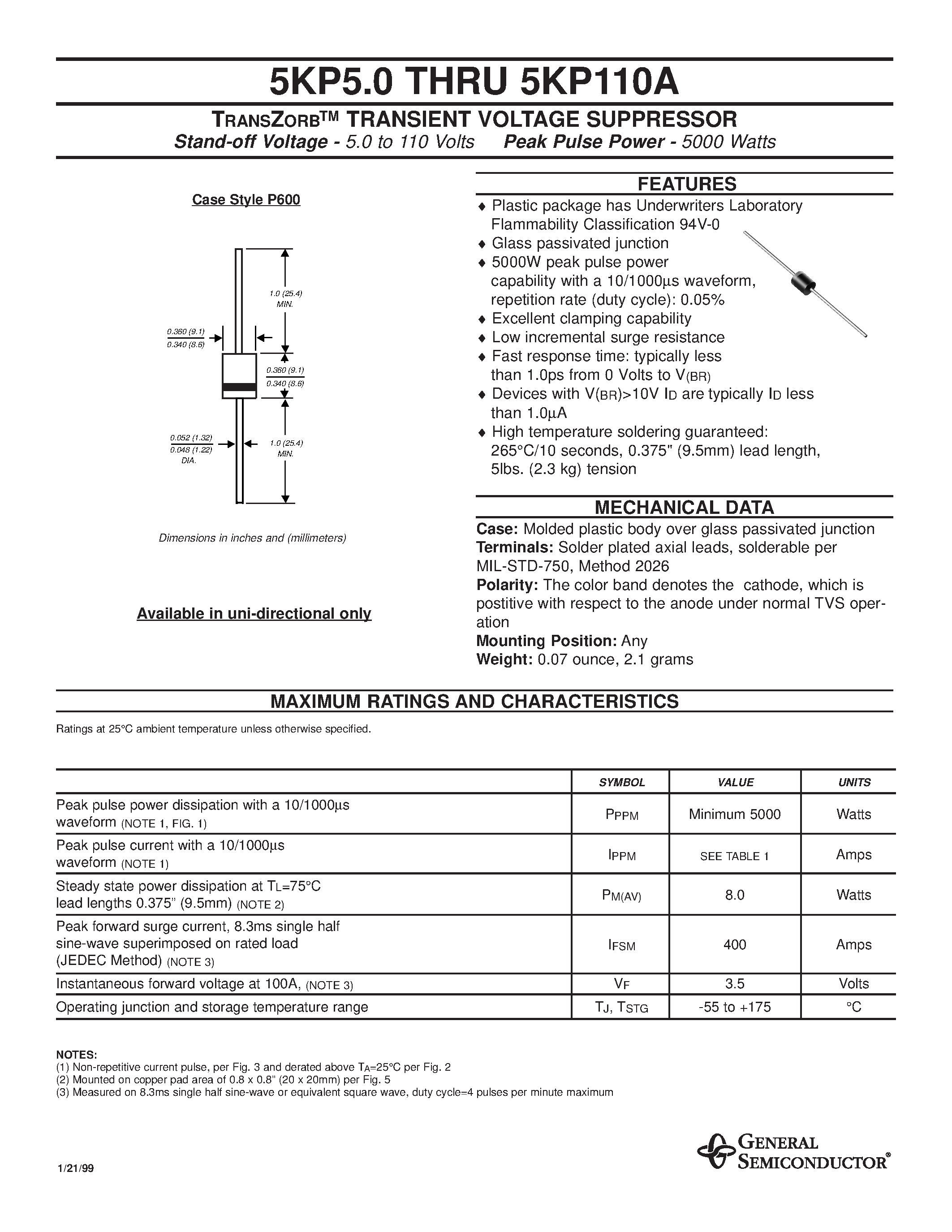 Datasheet 5KP6.0 page 1 Datasheet 5KP6.0 - TRANSZORB TRANSIENT VOLTAGE SUPPRESSOR page 1