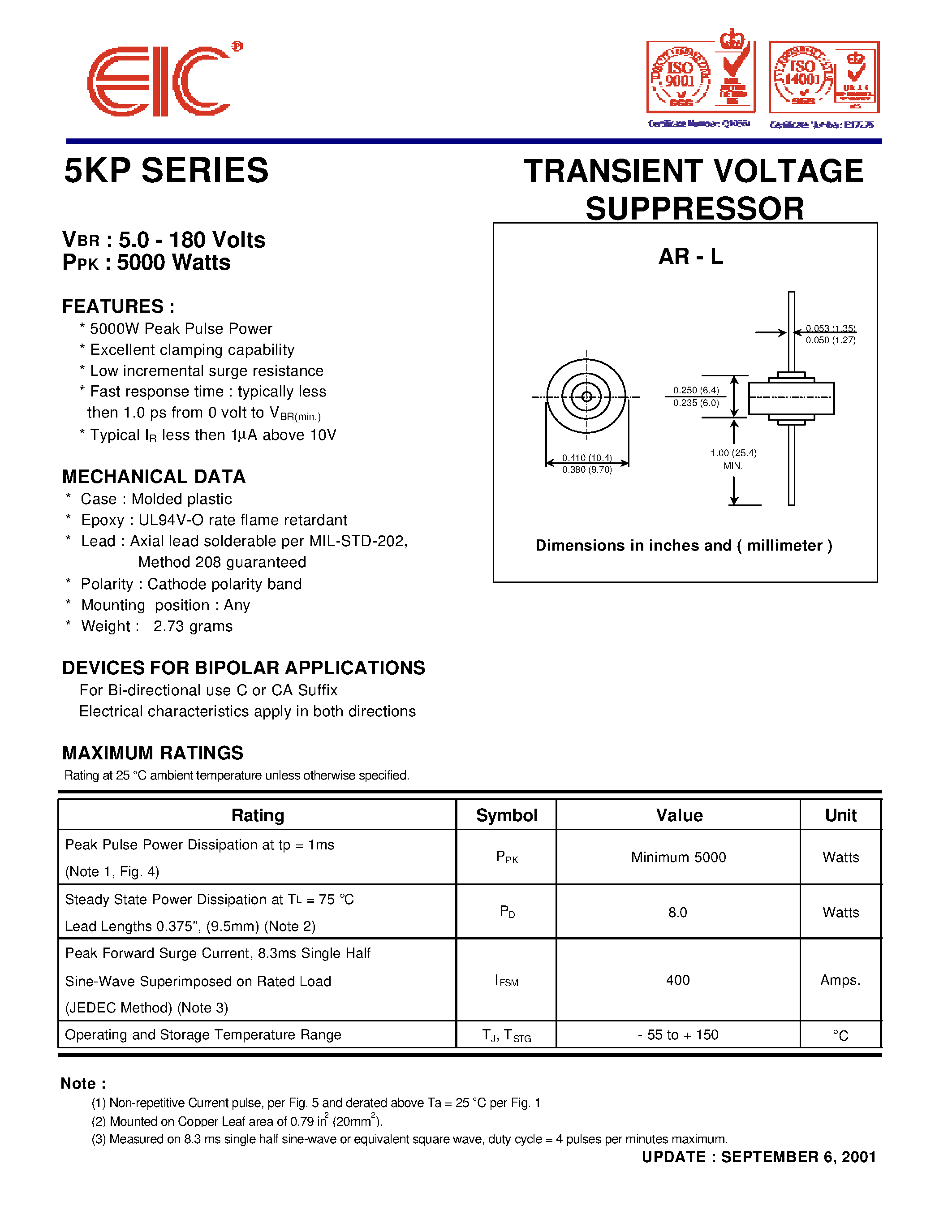 Datasheet 5KP7.0 - TRANSIENT VOLTAGE SUPPRESSOR page 1