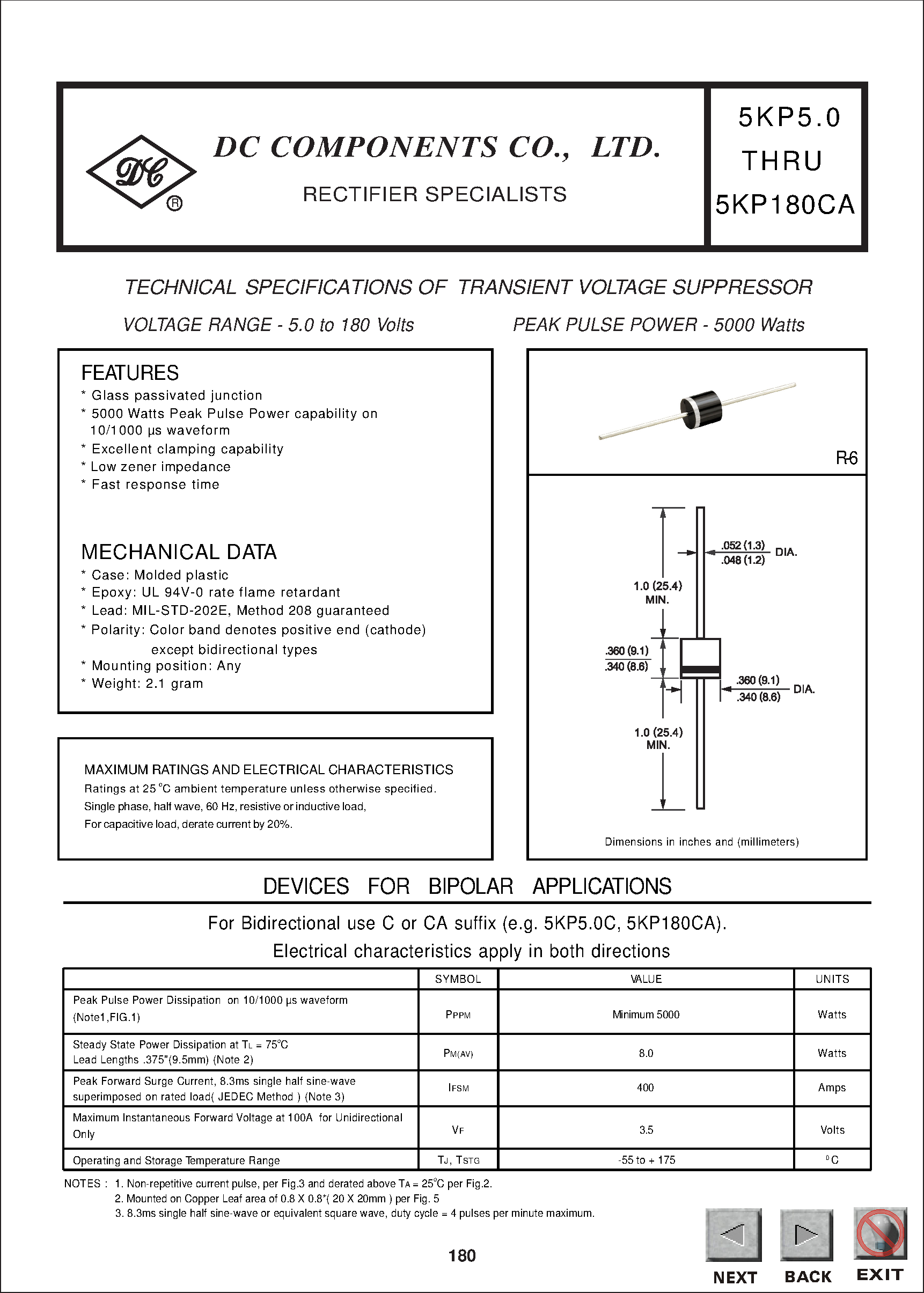 Даташит 5KP7.5 - TECHNICAL SPECIFICATIONS OF TRANSIENT VOLTAGE SUPPRESSOR страница 1