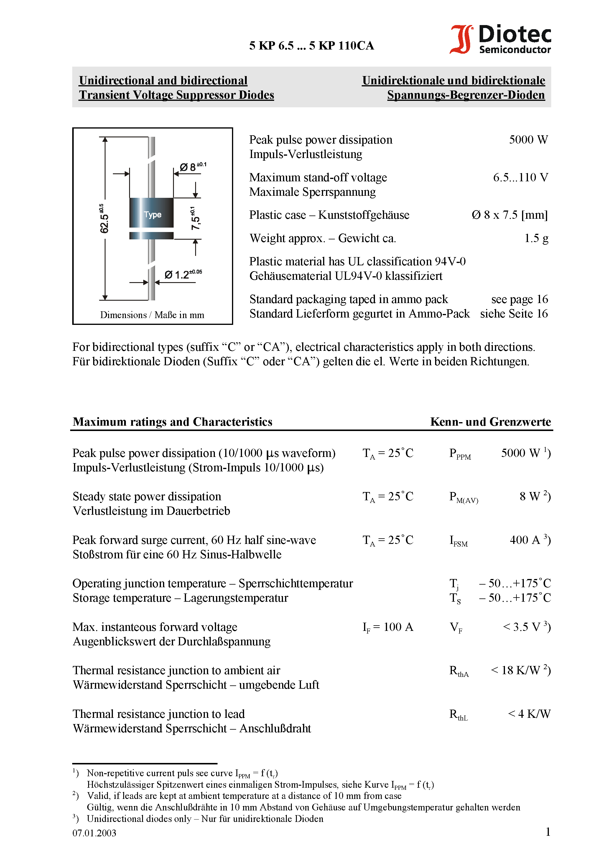 Datasheet 5KP7.5 - Unidirectional and bidirectional Transient Voltage Suppressor Diodes page 1