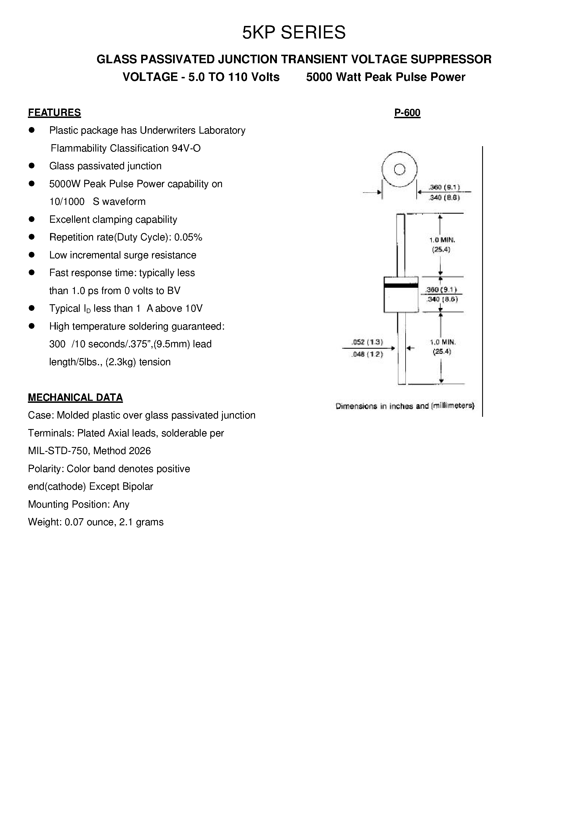Даташит 5KP8.0 - GLASS PASSIVATED JUNCTION TRANSIENT VOLTAGE SUPPRESSOR страница 1