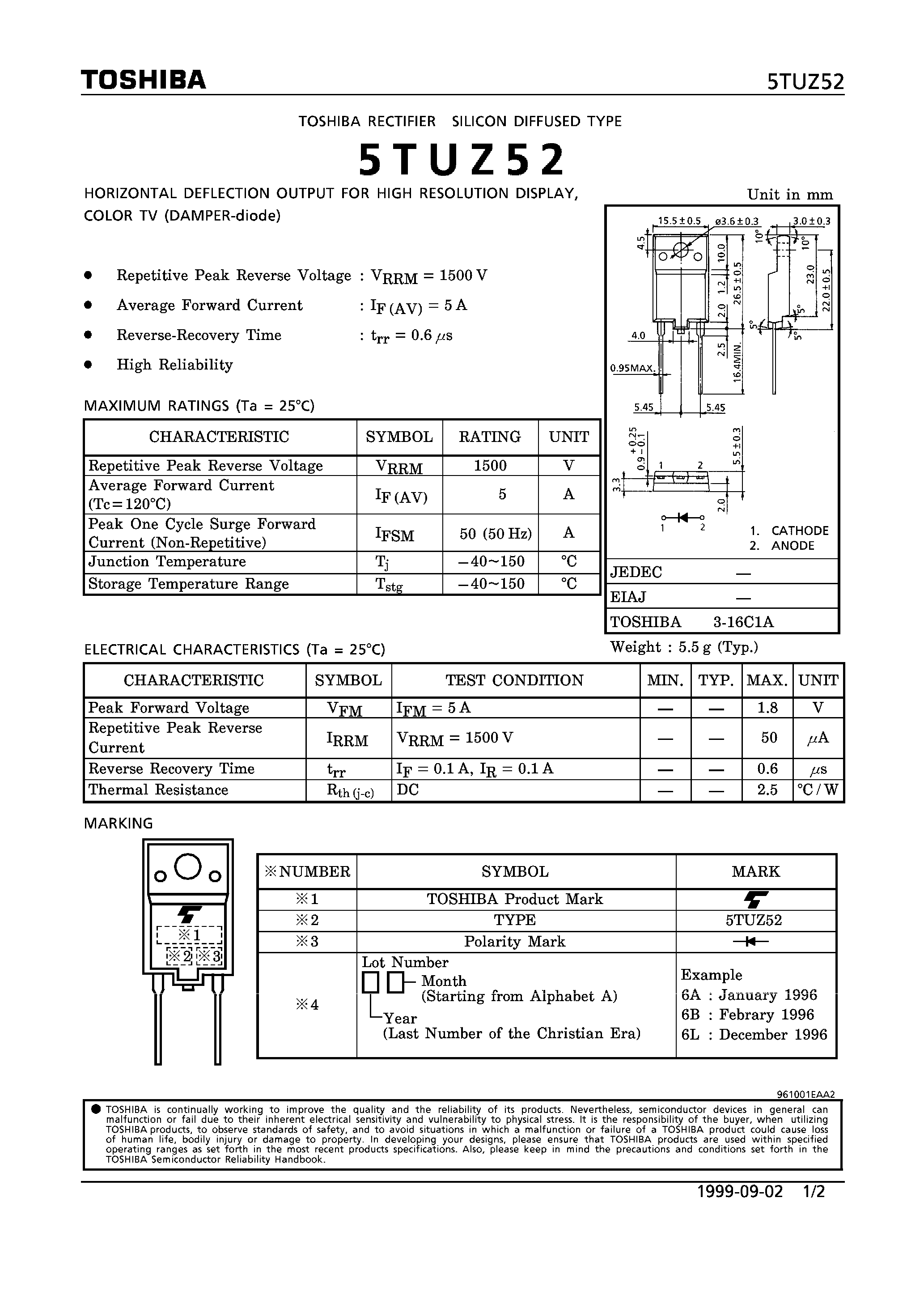 Даташит на микросхему 5TUZ52 страница 1 Даташит 5TUZ52 - SILICON DIFFUSED TYPE (HORIZONTAL DEFLECTION OUTPUT FOR HIGH RESOLUTION DISPLAY/ COLOR TV) страница 1