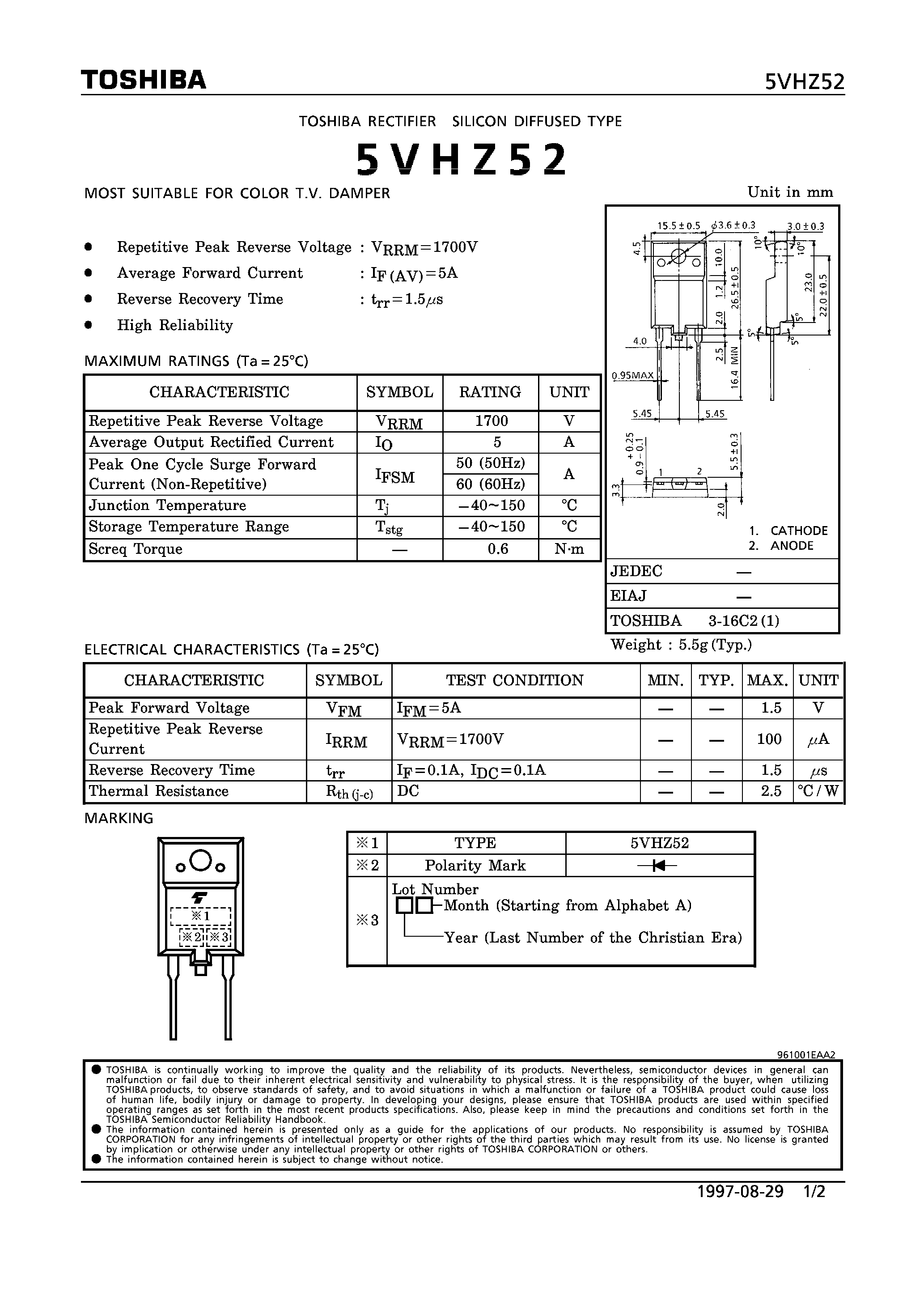 Datasheet 5VHZ52 - SILICON DIFFUSED TYPE (MOST SUITABLE FOR COLOR T.V DAMPER) page 1