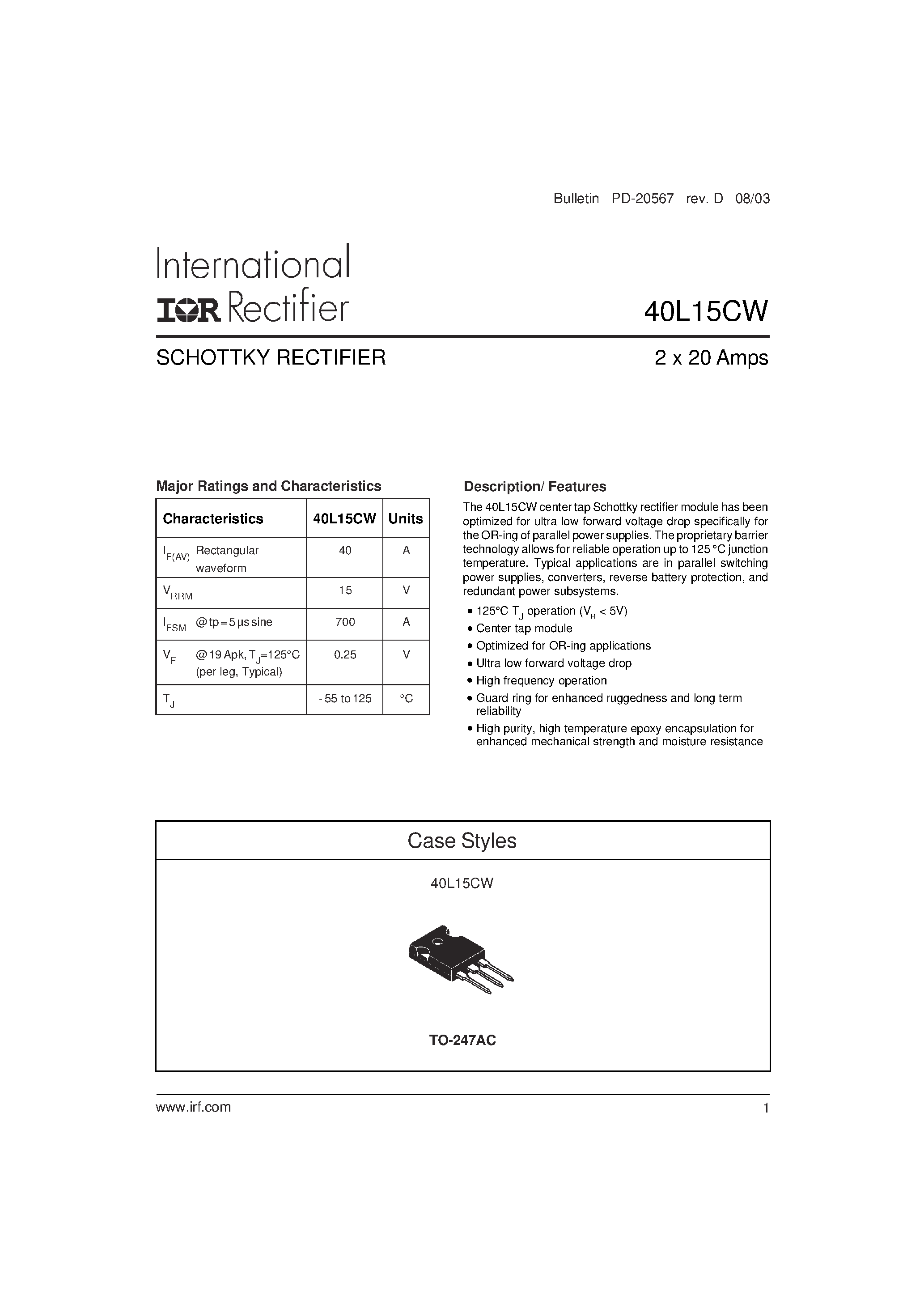 Datasheet 40L15CW page 1 Datasheet 40L15CW - SCHOTTKY RECTIFIER page 1