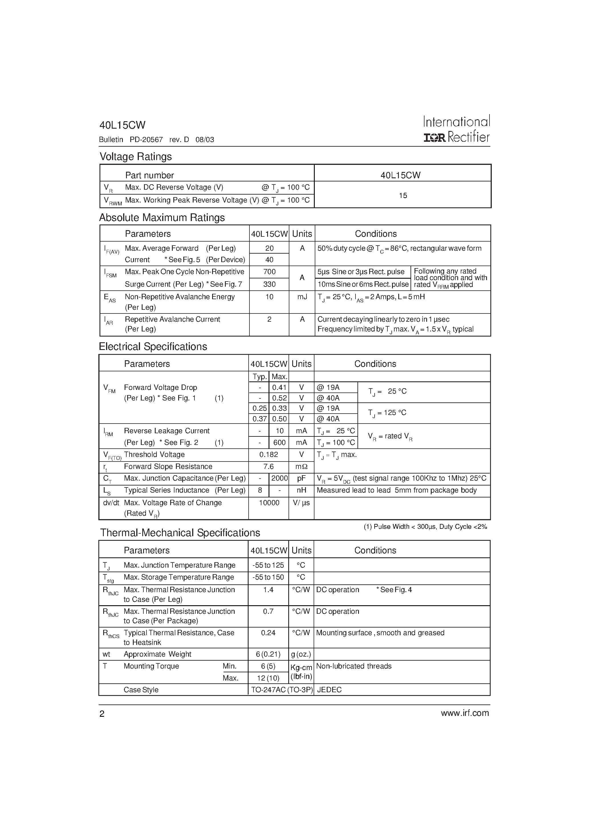 Datasheet 40L15CW page 2 Datasheet 40L15CW - SCHOTTKY RECTIFIER page 2