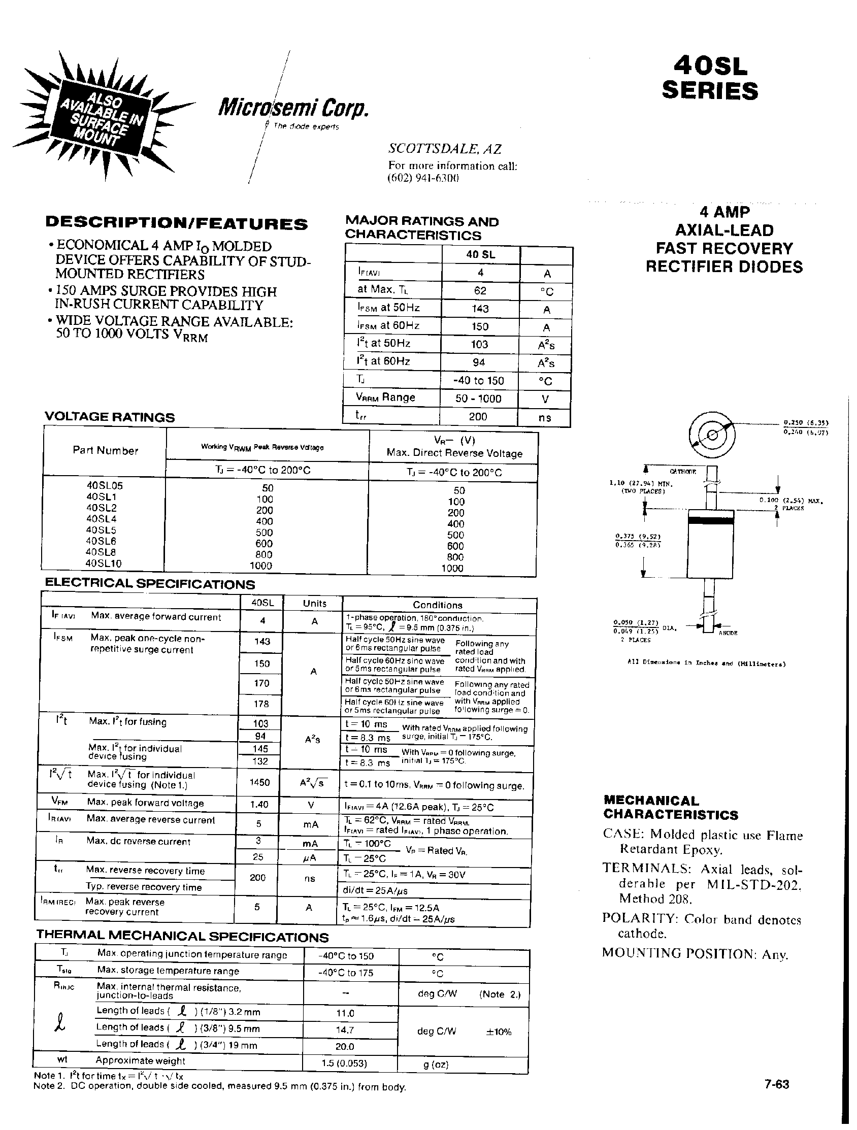 Datasheet 40SL5 page 1 Datasheet 40SL5 - 4 AMP AXIAL-LEAD FAST RECOVERY RECTIFIER DIODES page 1