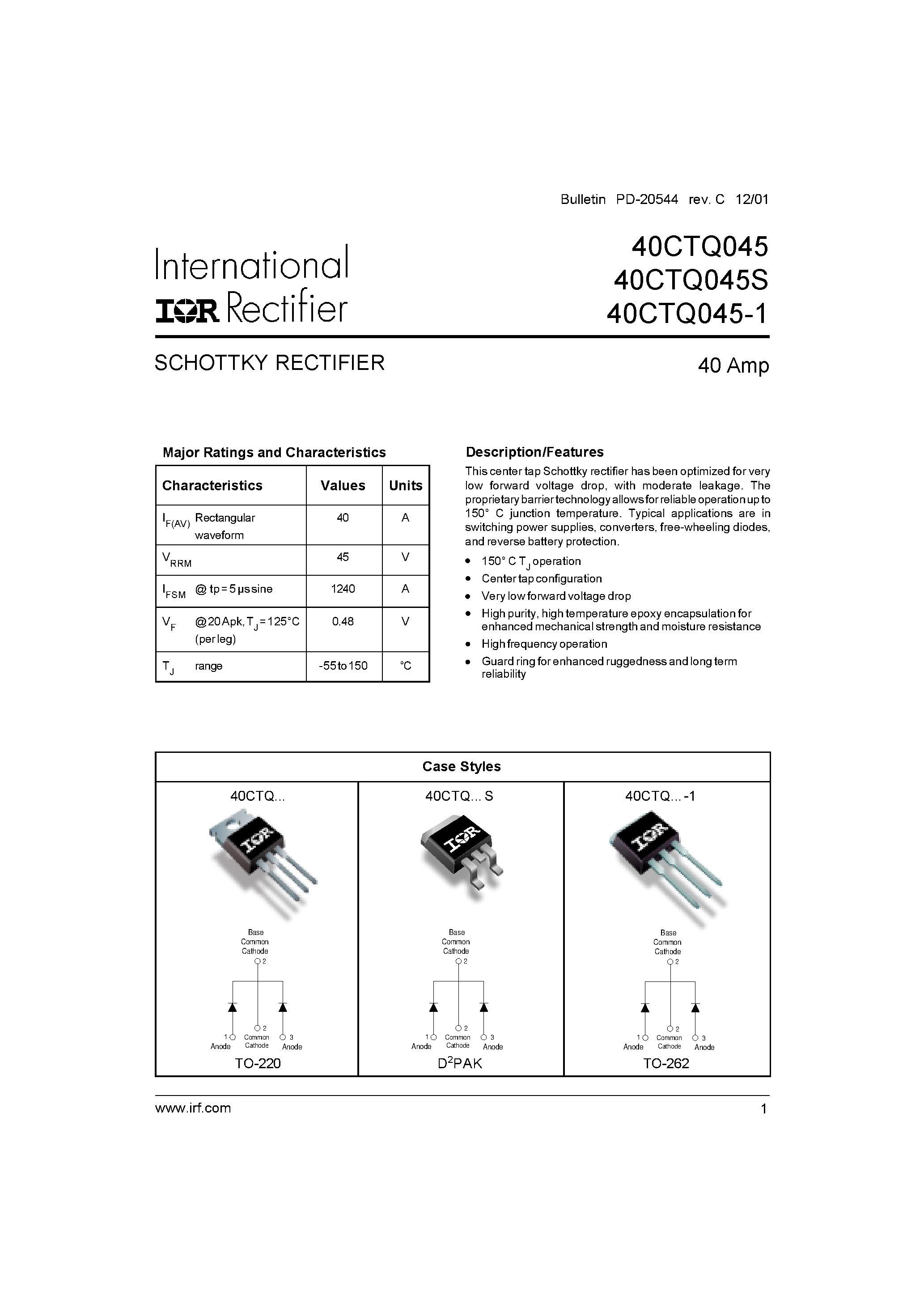 Datasheet 40TCQ040S page 1 Datasheet 40TCQ040S - SCHOTTKY RECTIFIER page 1
