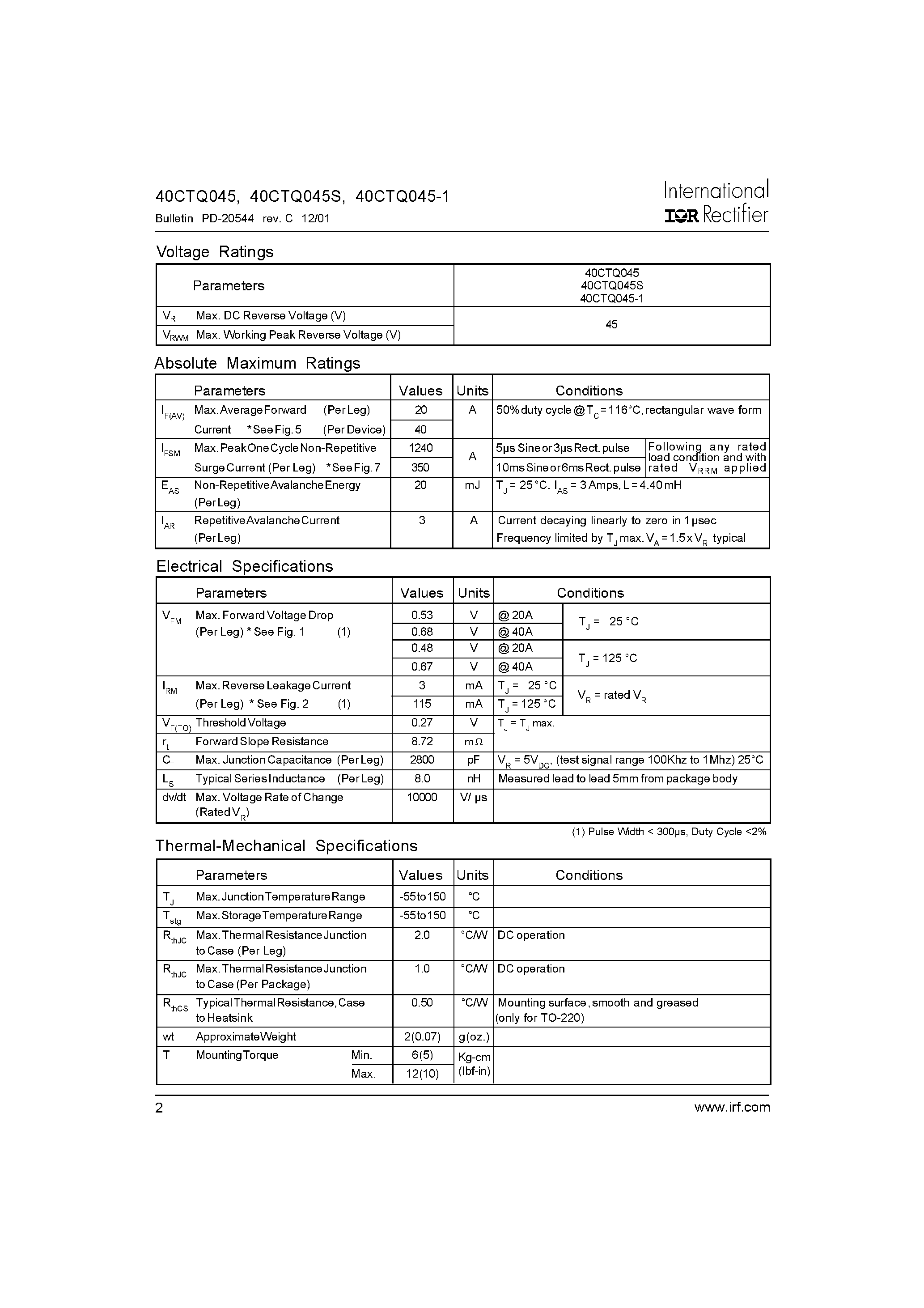 Datasheet 40TCQ045S - SCHOTTKY RECTIFIER page 2