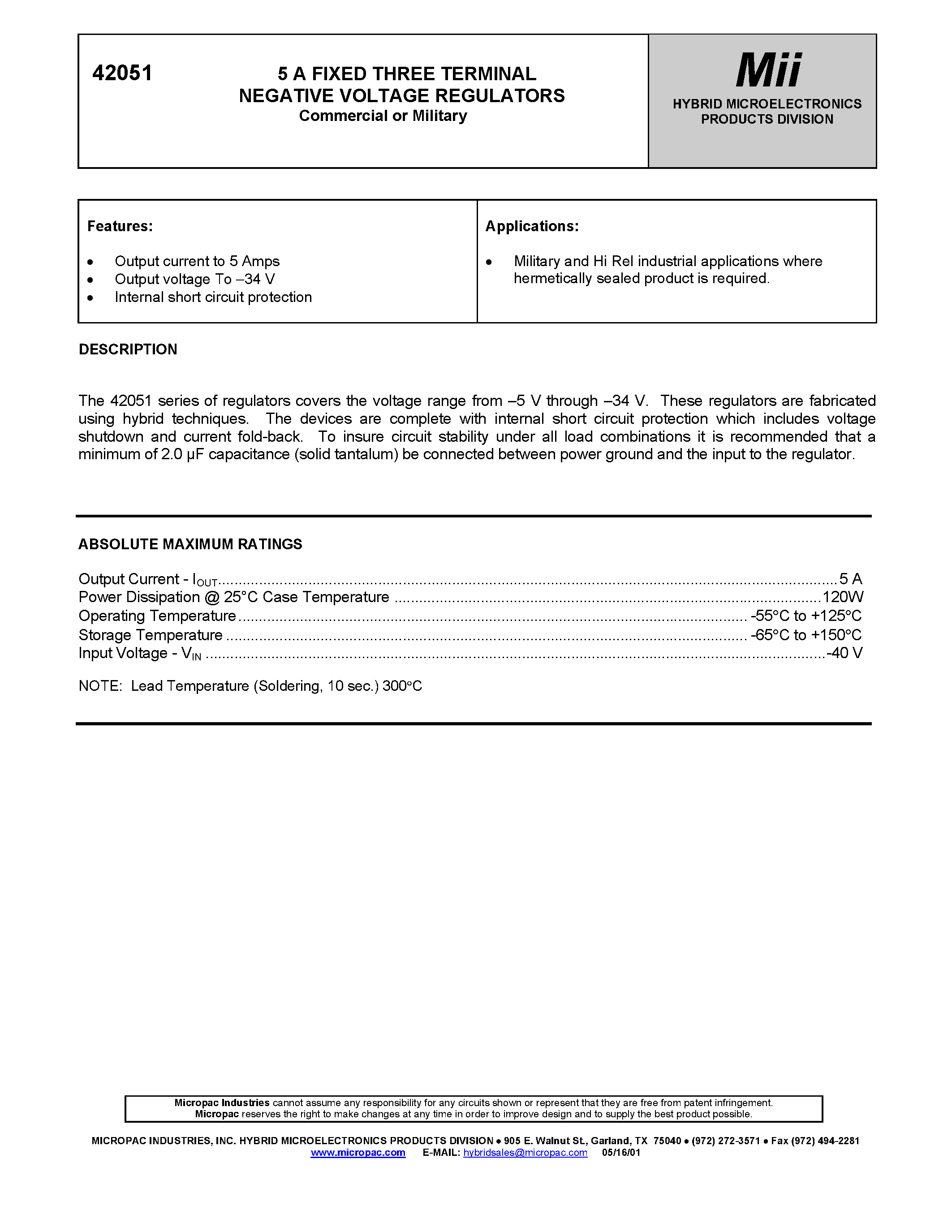 Datasheet 42051-075 - 5 A FIXED THREE TERMINAL NEGATIVE VOLTAGE REGULATORS page 1
