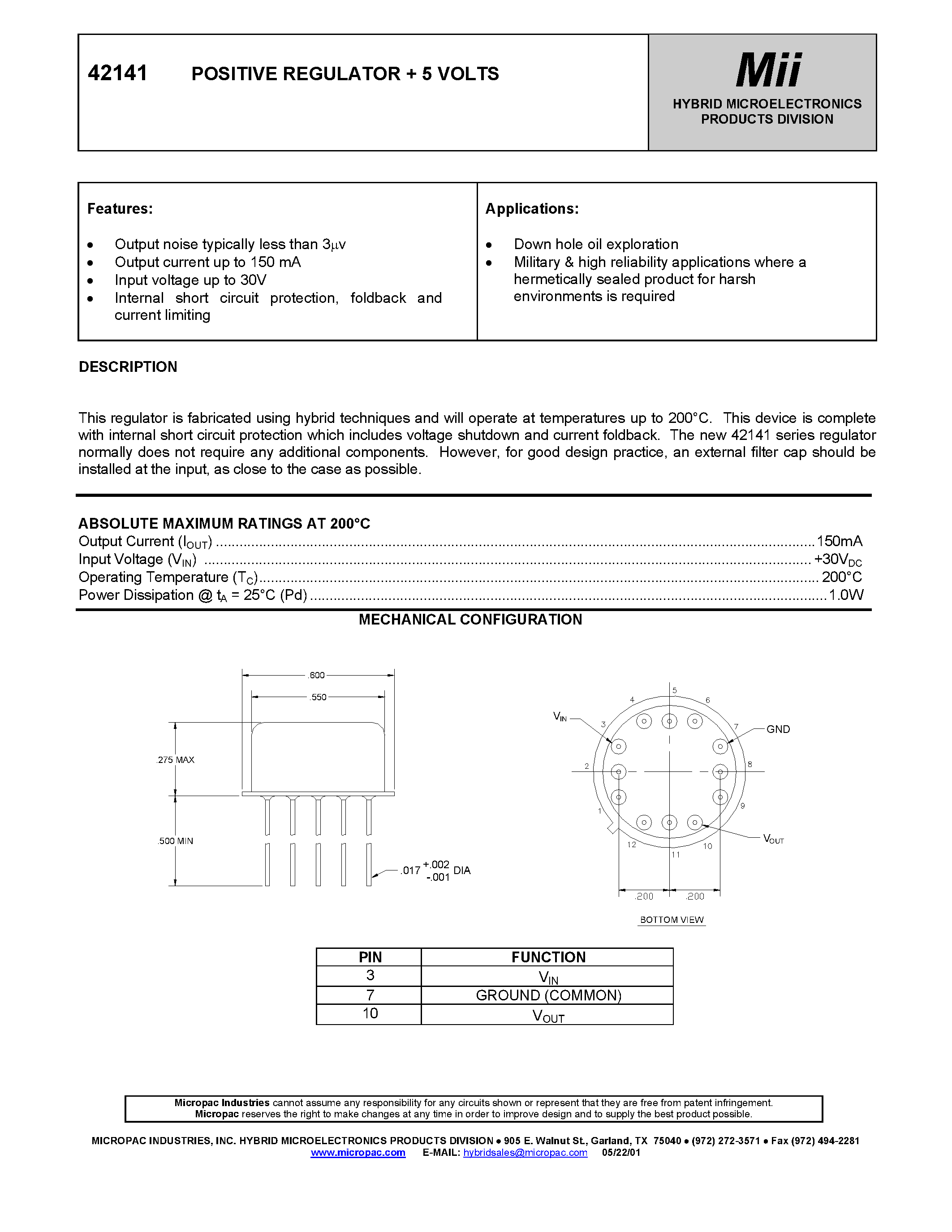 Datasheet 42141 - POSITIVE REGULATOR + 5 VOLTS page 1