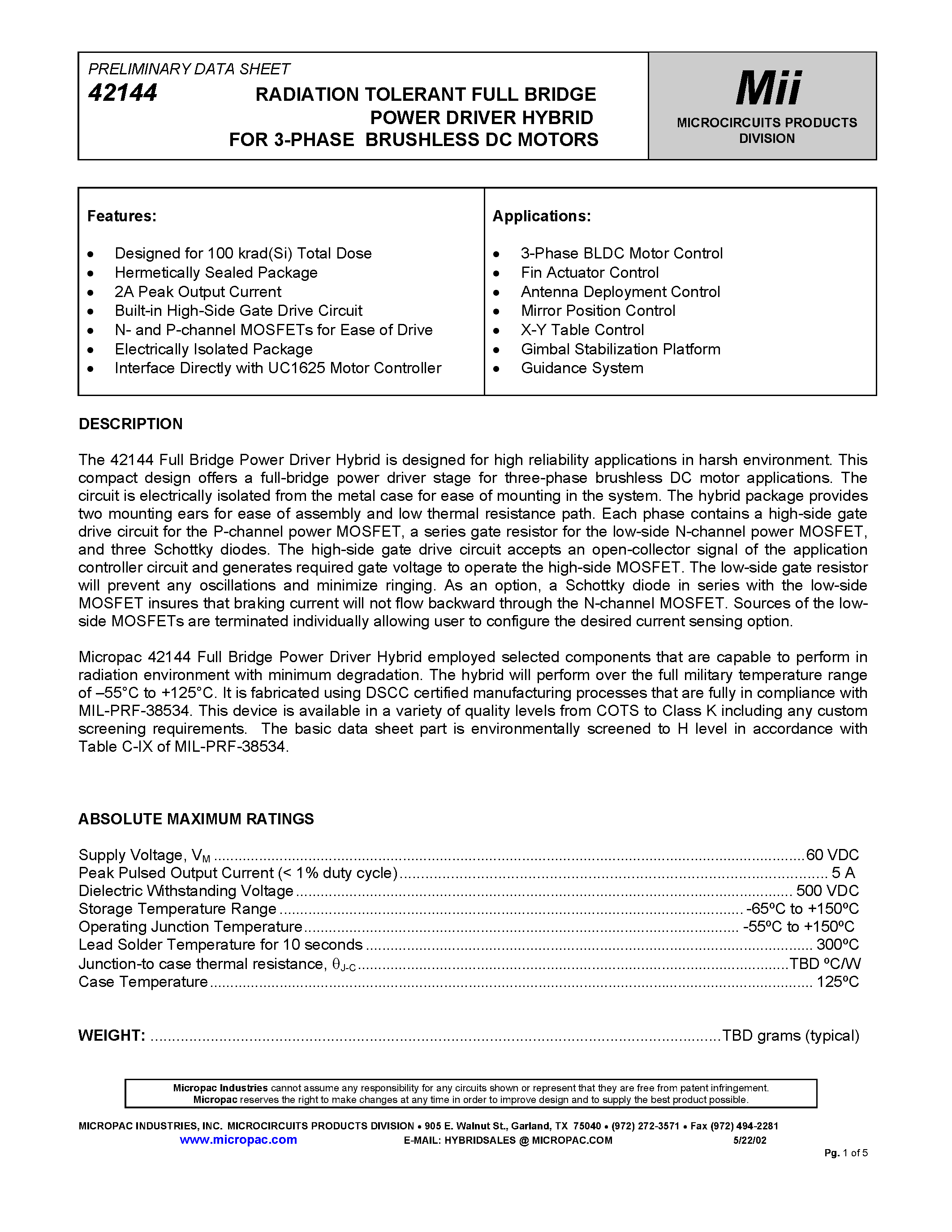 Datasheet 42144 - RADIATION TOLERANT FULL BRIDGE POWER DRIVER HYBRID FOR 3-PHASE BRUSHLESS DC MOTORS page 1