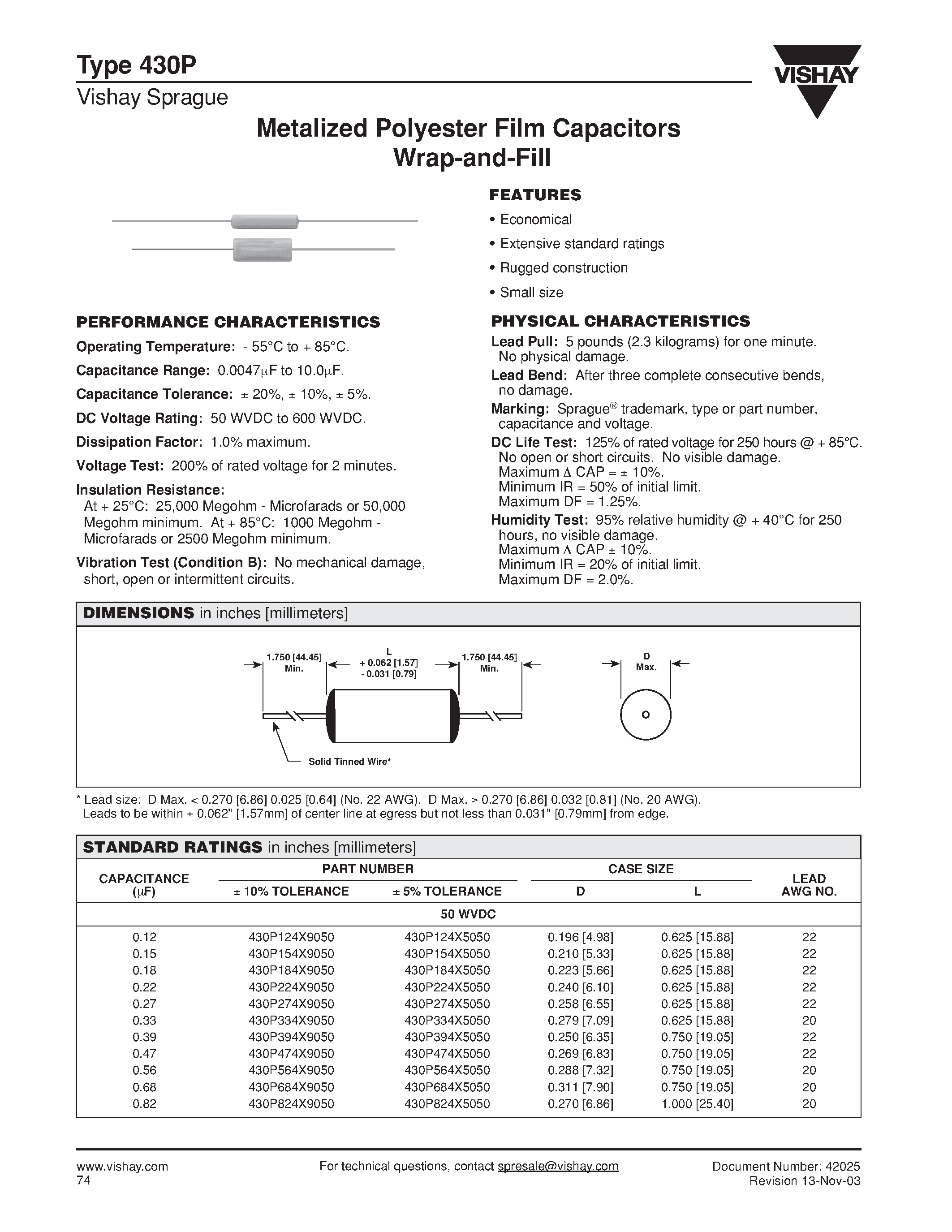 Datasheet 430P104X9200 page 1 Datasheet 430P104X9200 - Metalized Polyester Film Capacitors Wrap-and-Fill page 1