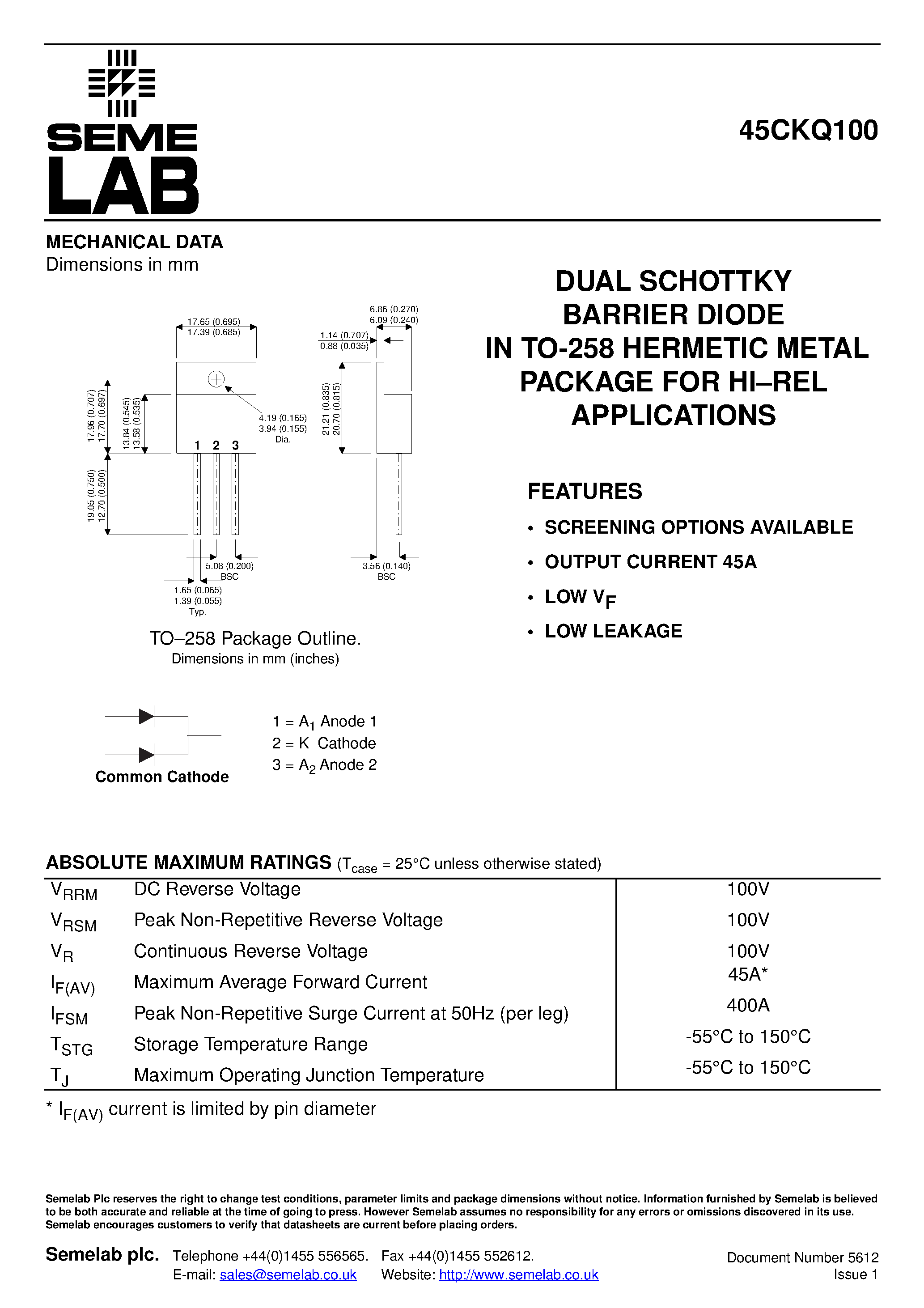 Datasheet 45CKQ100 page 1 Datasheet 45CKQ100 - DUAL SCHOTTKY BARRIER DIODE page 1