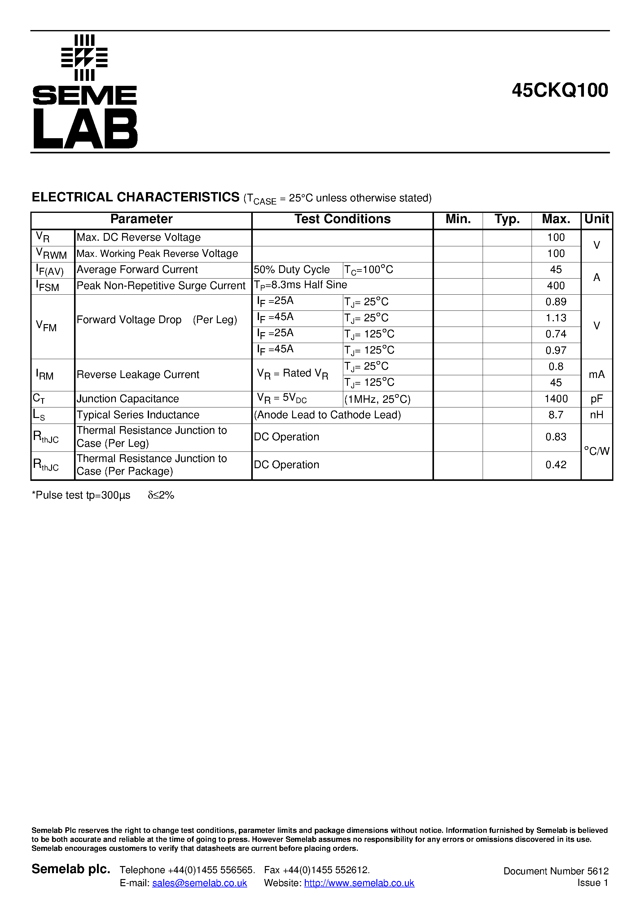 Datasheet 45CKQ100 page 2 Datasheet 45CKQ100 - DUAL SCHOTTKY BARRIER DIODE page 2