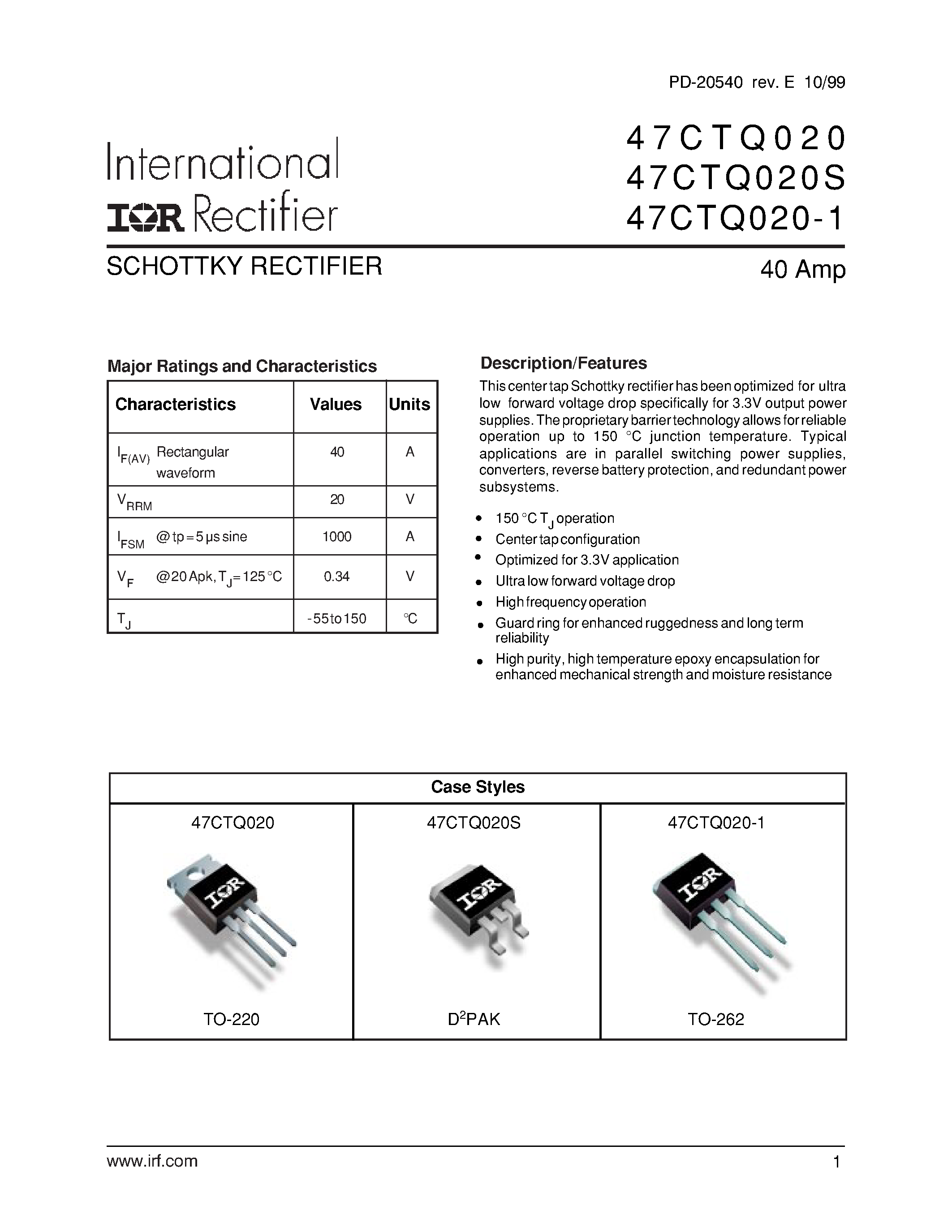 Datasheet 47CTQ020 - SCHOTTKY RECTIFIER page 1
