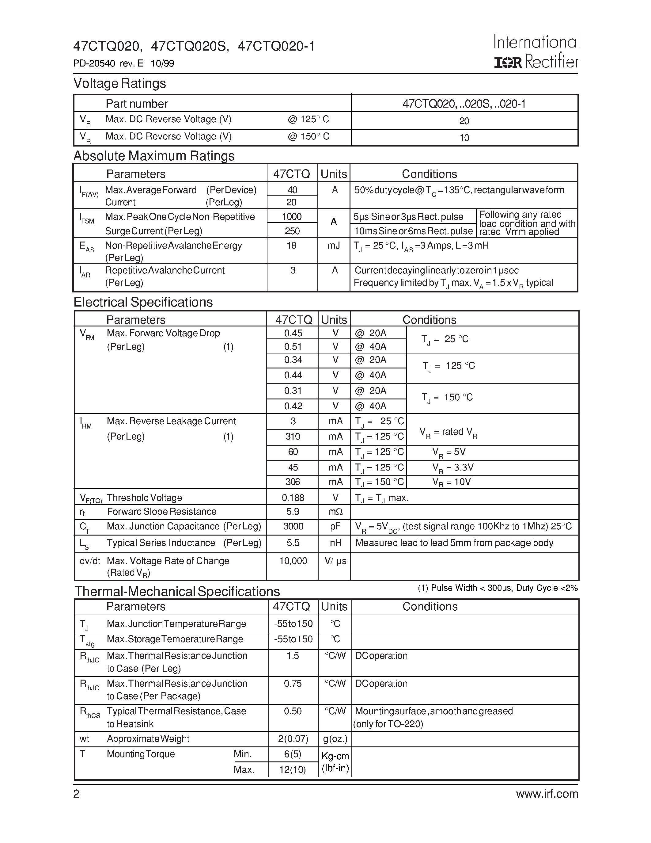 Datasheet 47CTQ020 - SCHOTTKY RECTIFIER page 2