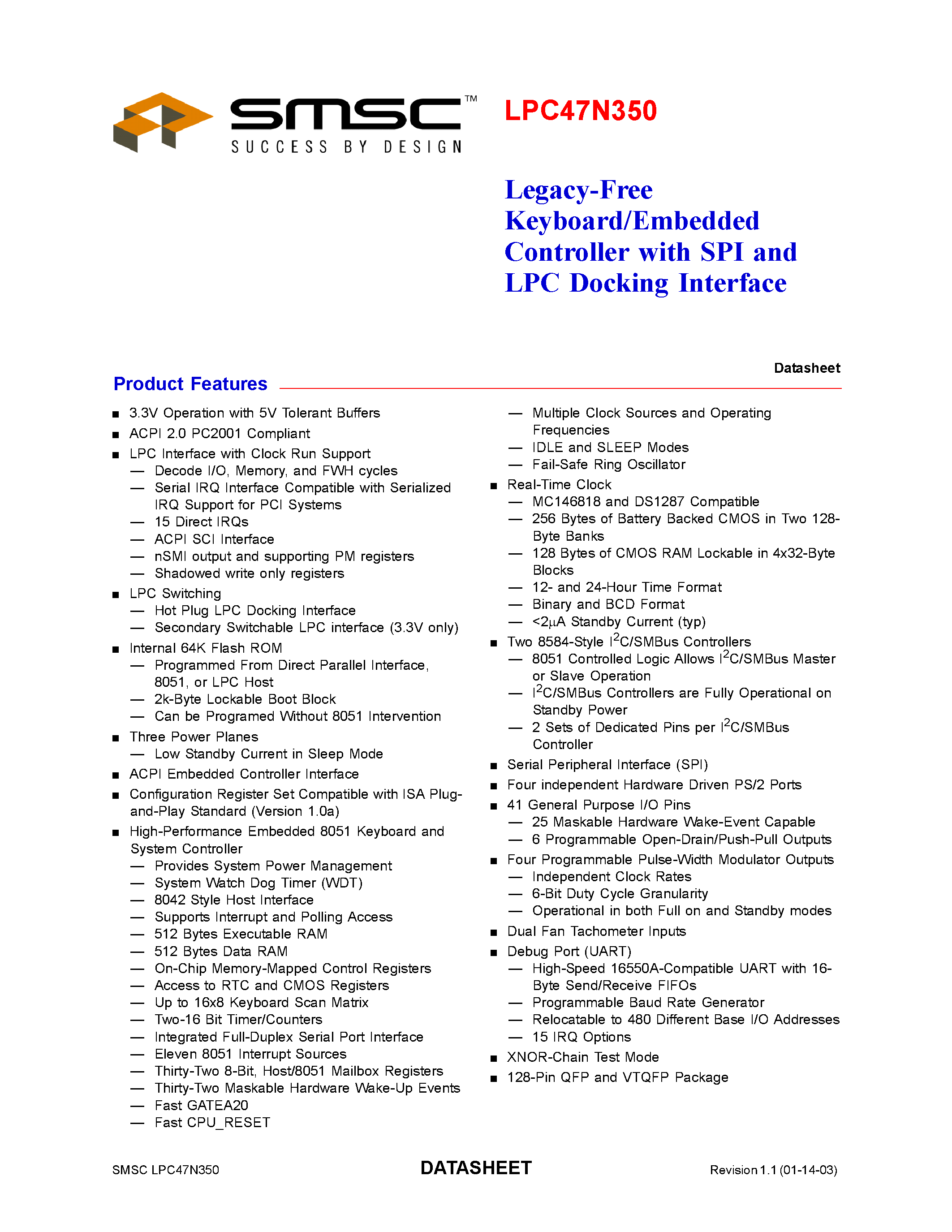 Даташит 47N350 - LEGACY FREE KEYBOARD EMBEDDED CONTROLLER WITH SPI AND LPC DOCKING INTERFACE страница 1