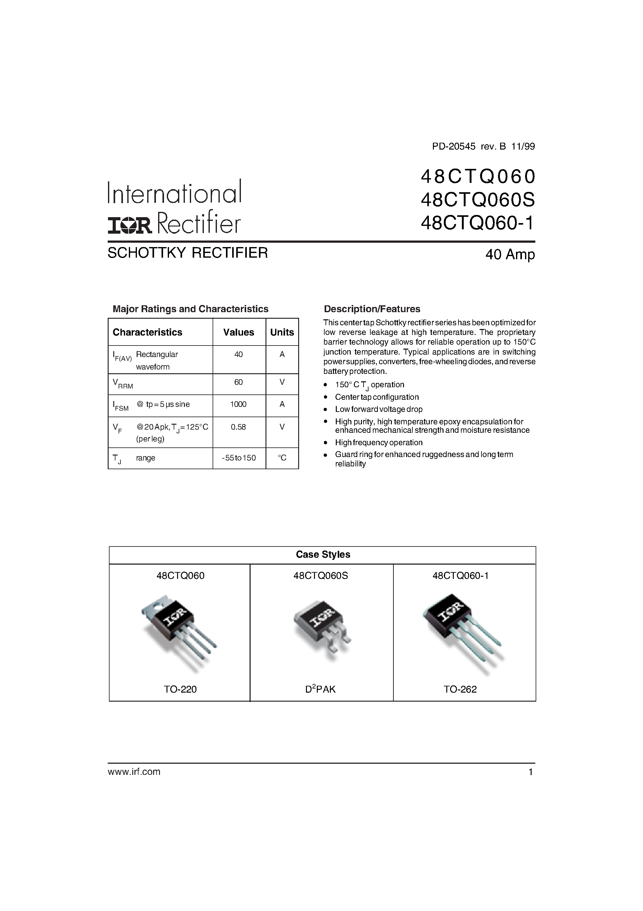 Datasheet 48CTQ060S - SCHOTTKY RECTIFIER page 1