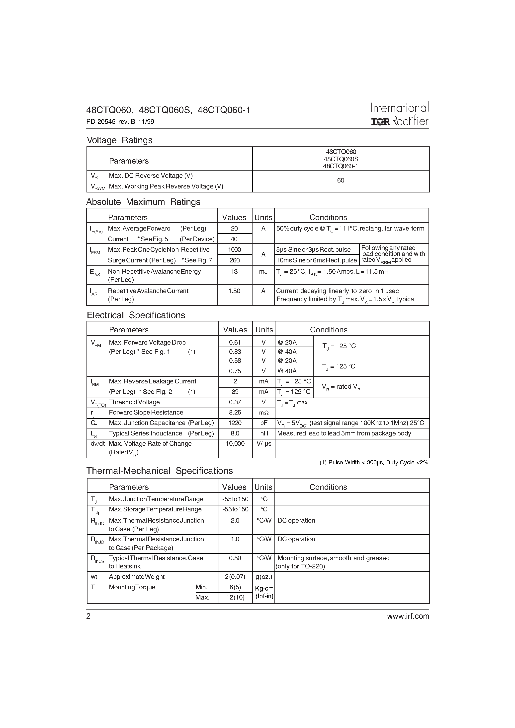 Datasheet 48CTQ060S - SCHOTTKY RECTIFIER page 2