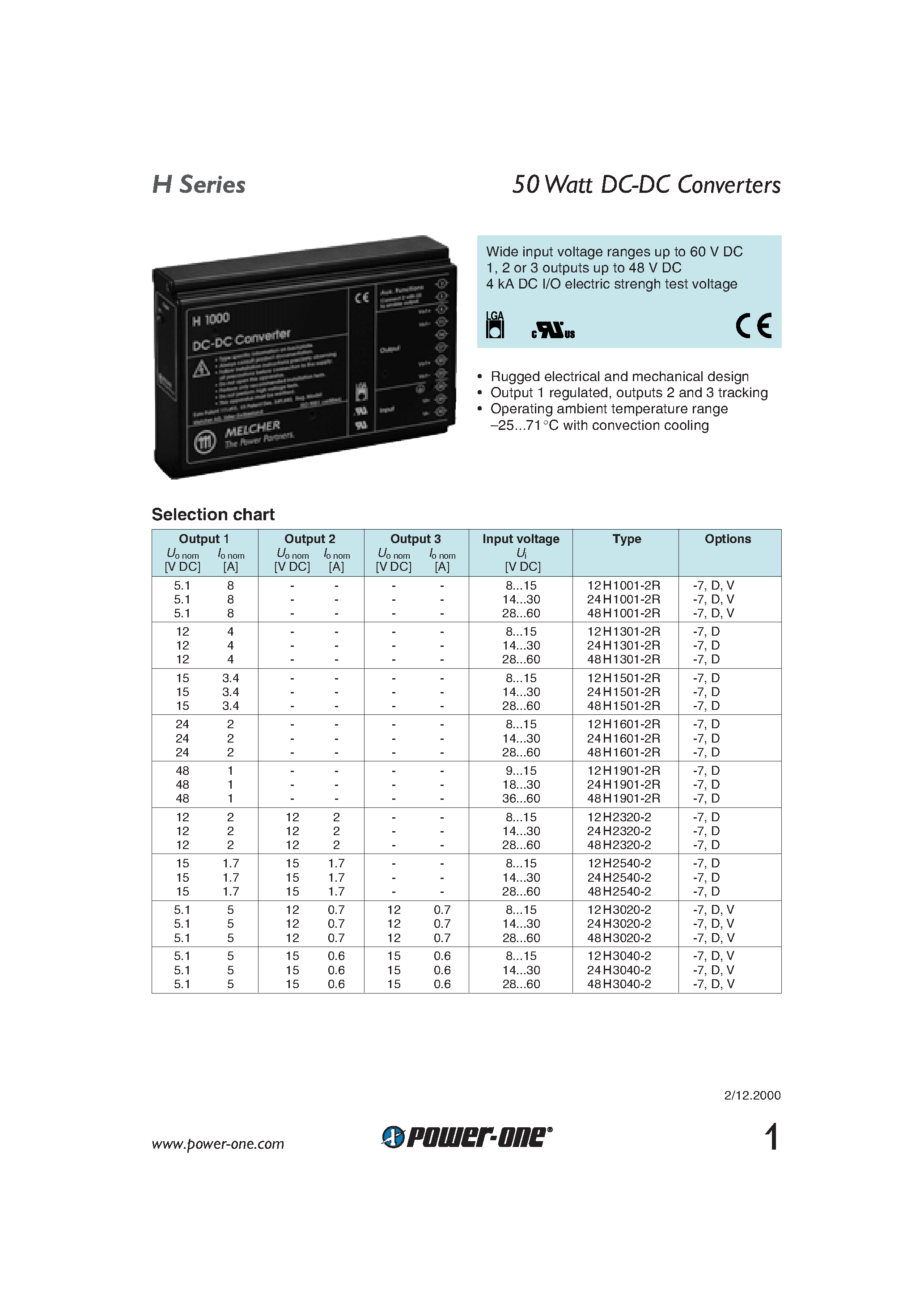 Datasheet 48H3040-2 - 50 Watt DC-DC Converters page 1