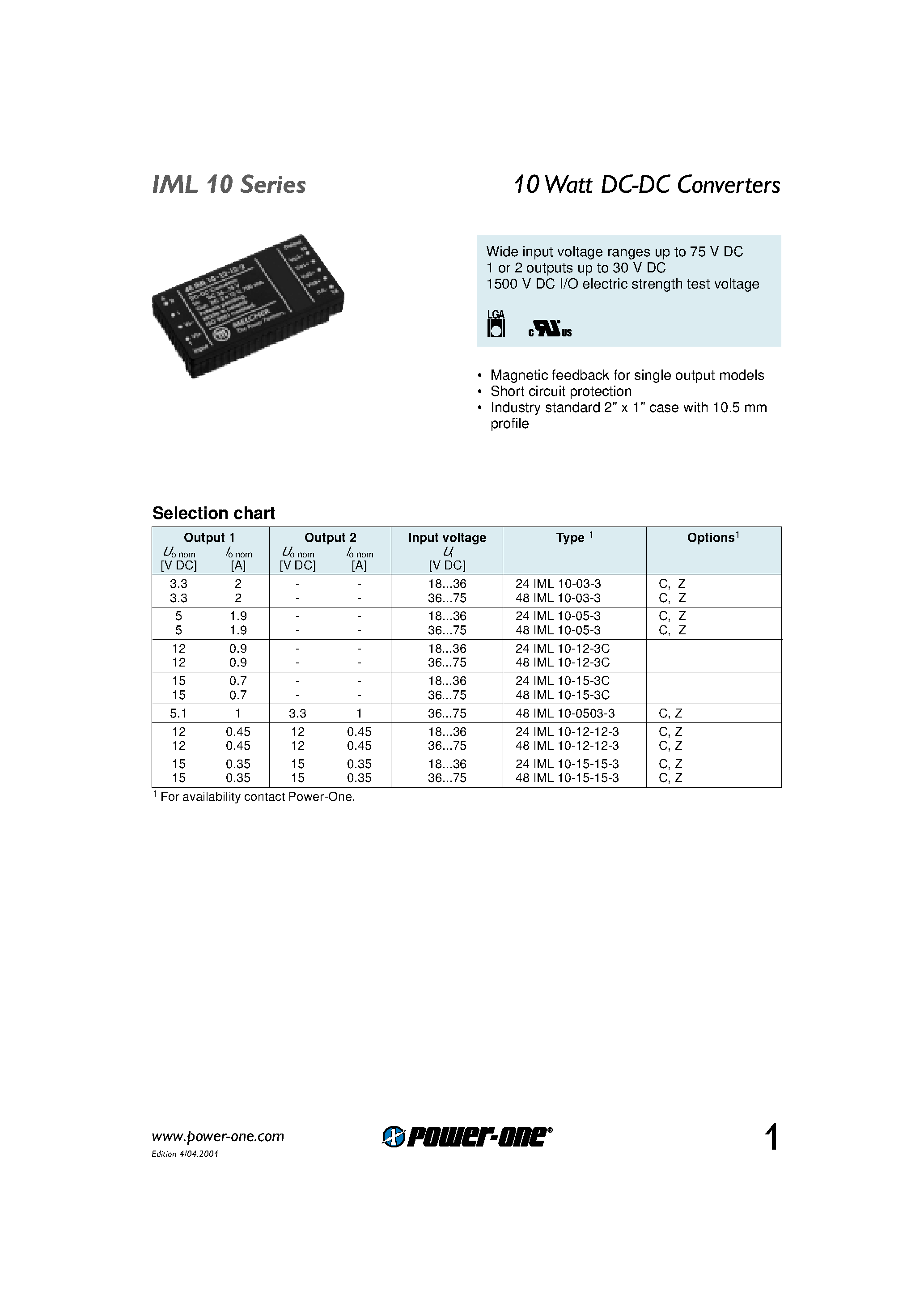 Datasheet 48IML10-05-3 - 10 Watt DC-DC Converters page 1