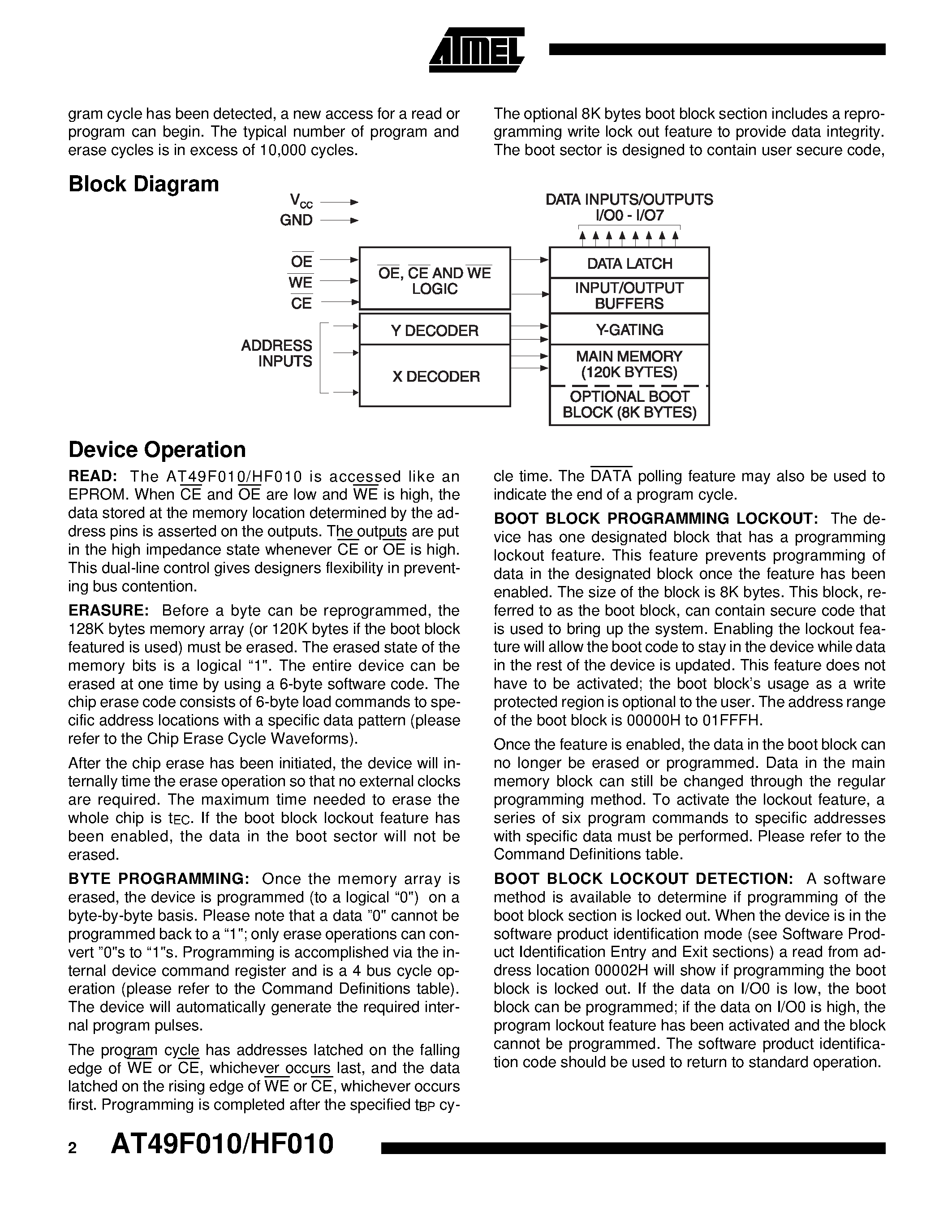 Datasheet 49F010 - 1-Megabit 128K x 8 5-volt Only CMOS Flash Memory page 2