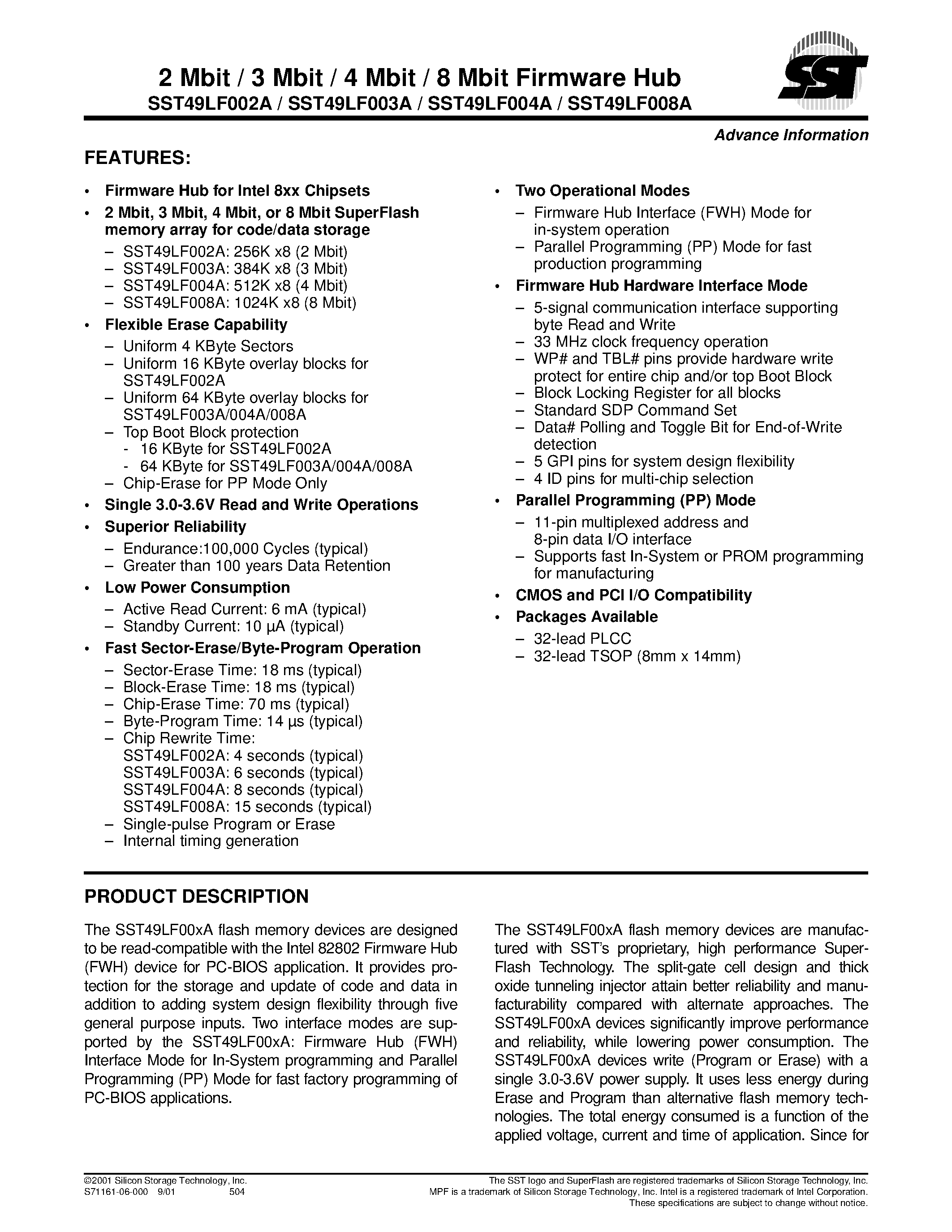 Datasheet 49LF002 - 2 Mbit / 3 Mbit / 4 Mbit / 8 Mbit Firmware Hub page 1