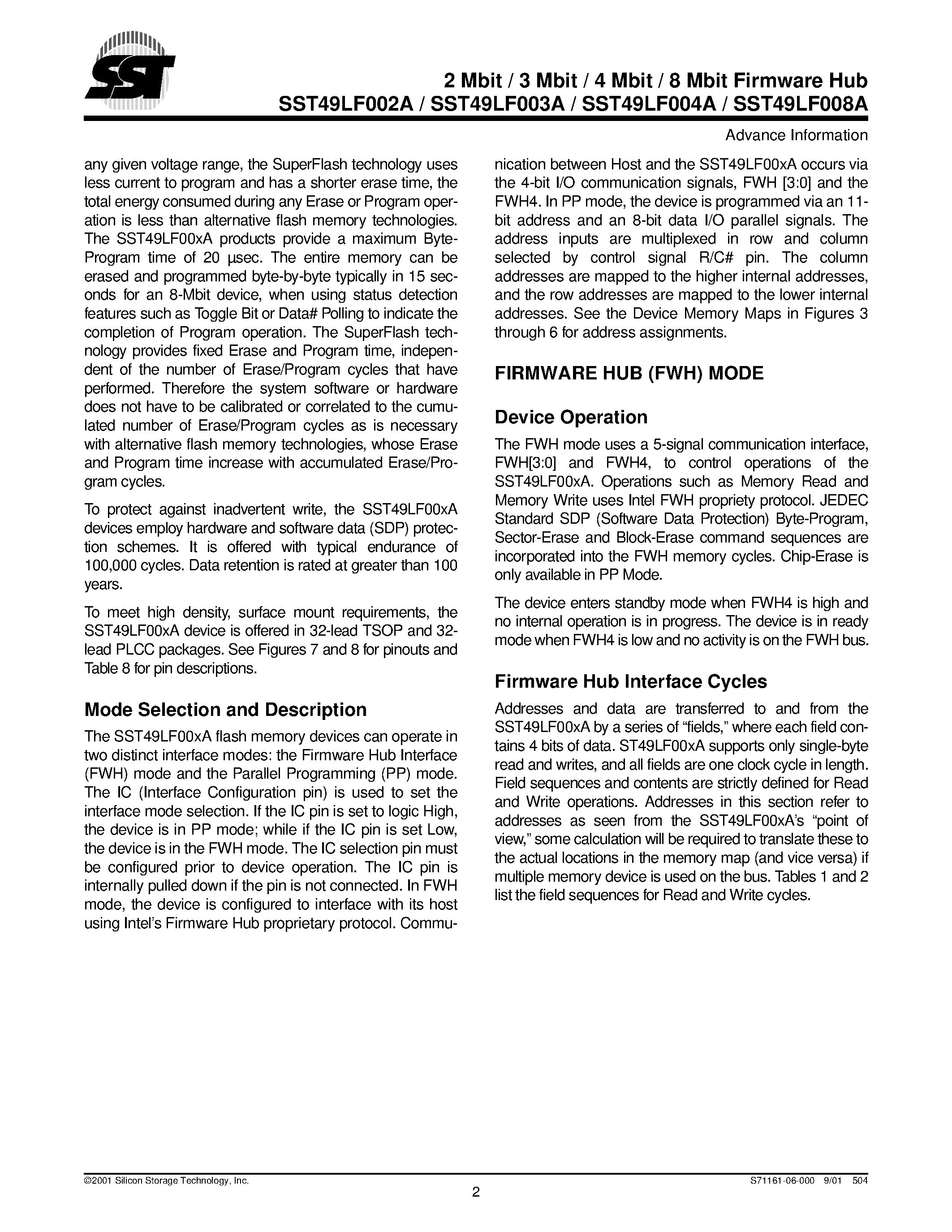 Datasheet 49LF002 - 2 Mbit / 3 Mbit / 4 Mbit / 8 Mbit Firmware Hub page 2