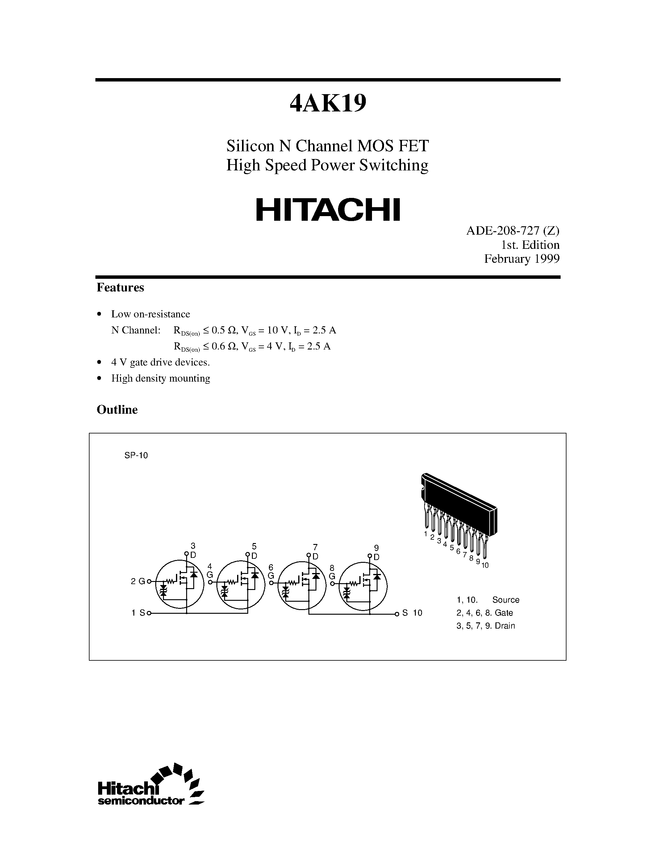 Даташит на микросхему 4AK19 страница 1 Даташит 4AK19 - Silicon N Channel MOS FET High Speed Power Switching страница 1