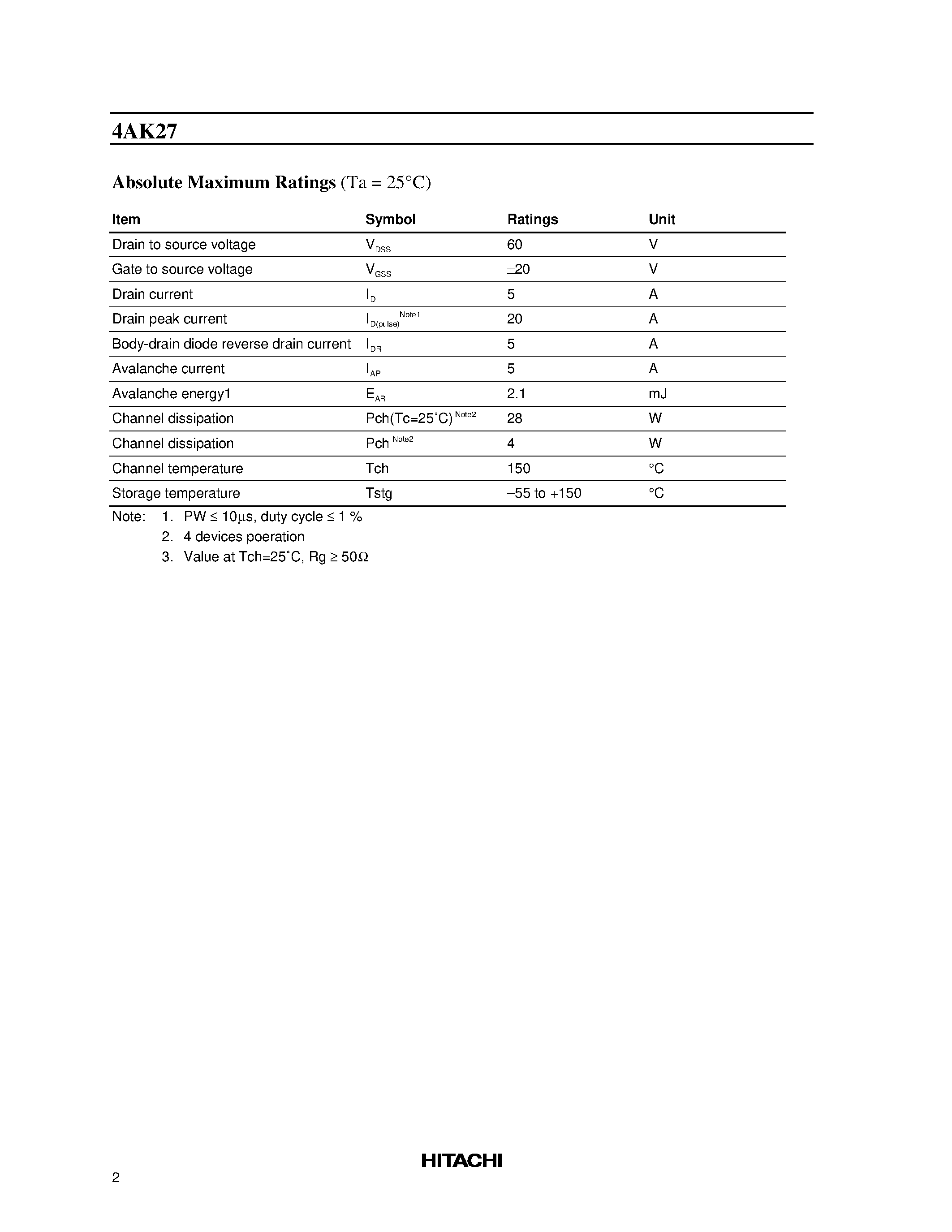 Datasheet 4AK27 - Silicon N Channel MOS FET High Speed Power Switching page 2