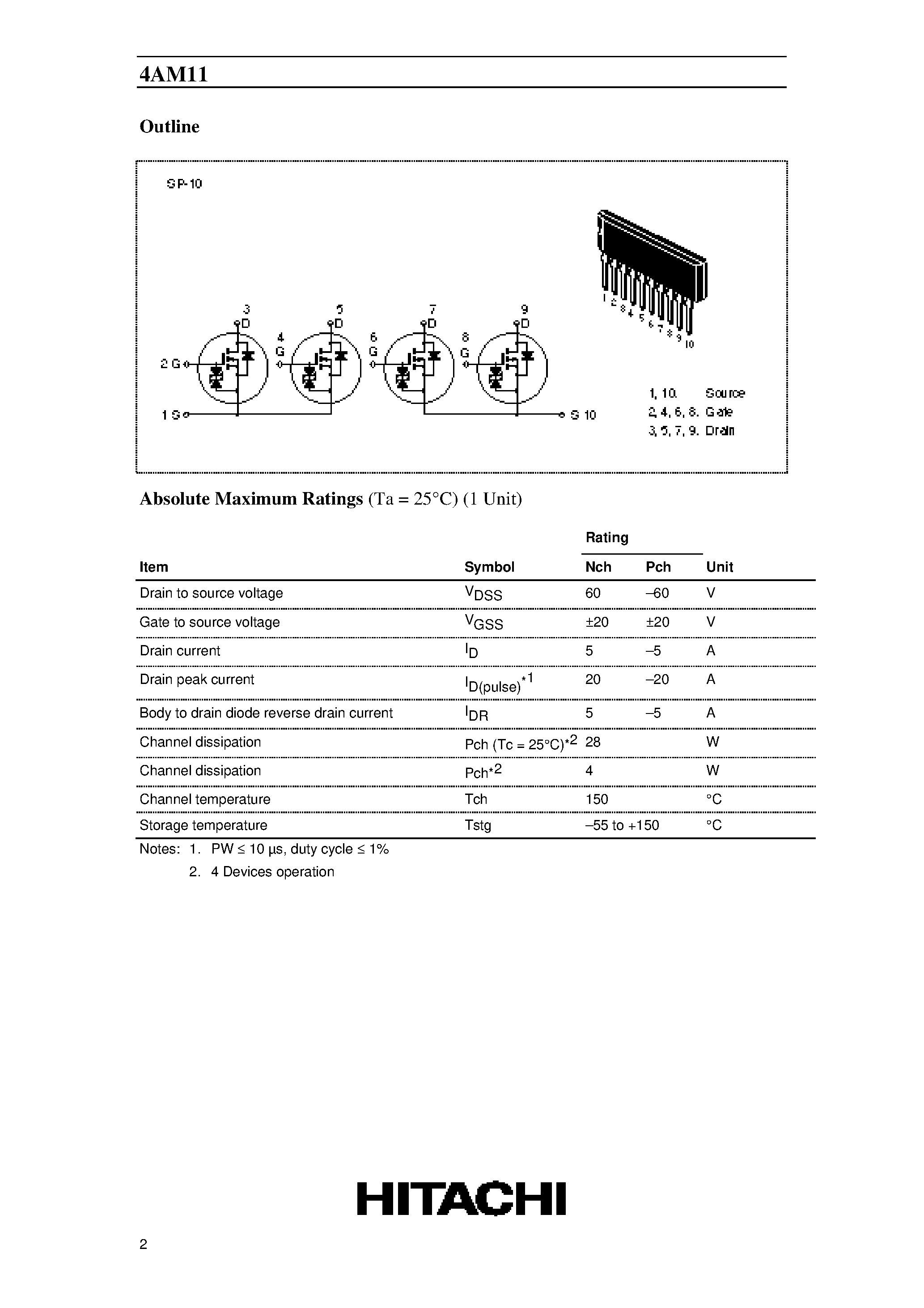 Даташит 4AM11 - Silicon N-Channel/P-Channel Power MOS FET Array страница 2