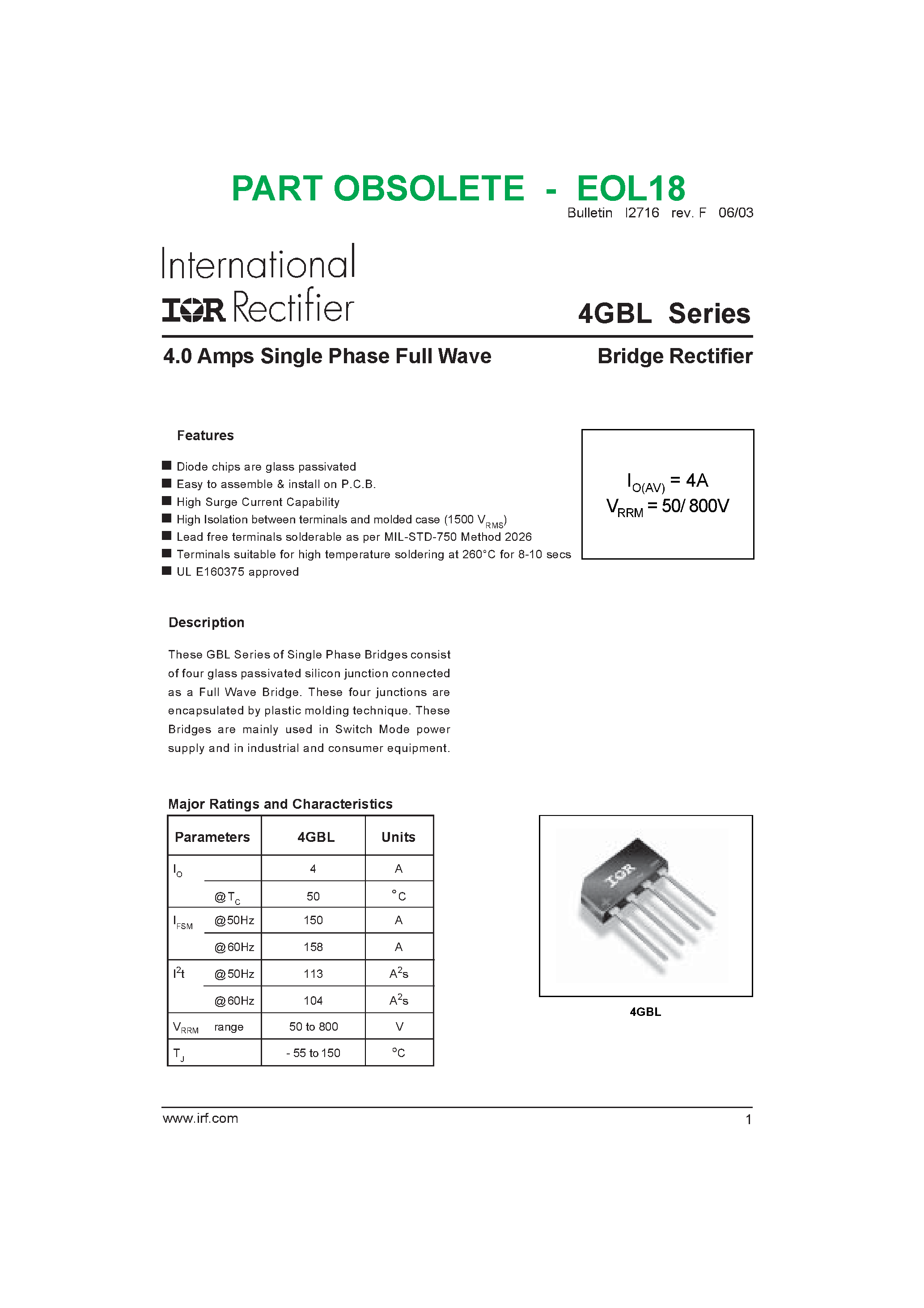 Datasheet 4GBL08 page 1 Datasheet 4GBL08 - 4.0 Amps Single Phase Full Wave Bridge Rectifier page 1